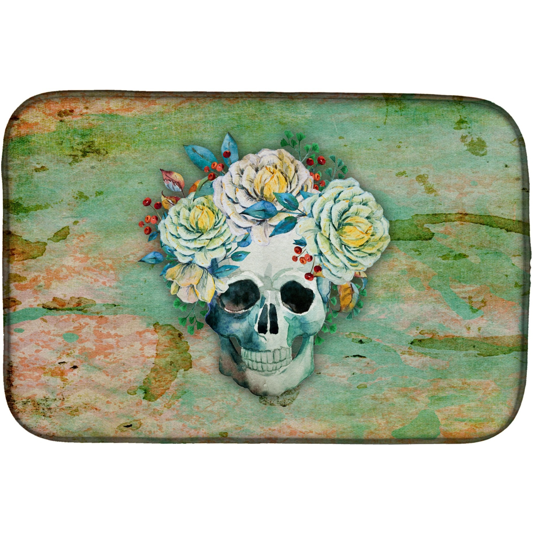 &quotCaroline's Treasures Day Of The Dead Skull With Flowers Dish Drying Mat, 14"" x 21"", Multicolor"