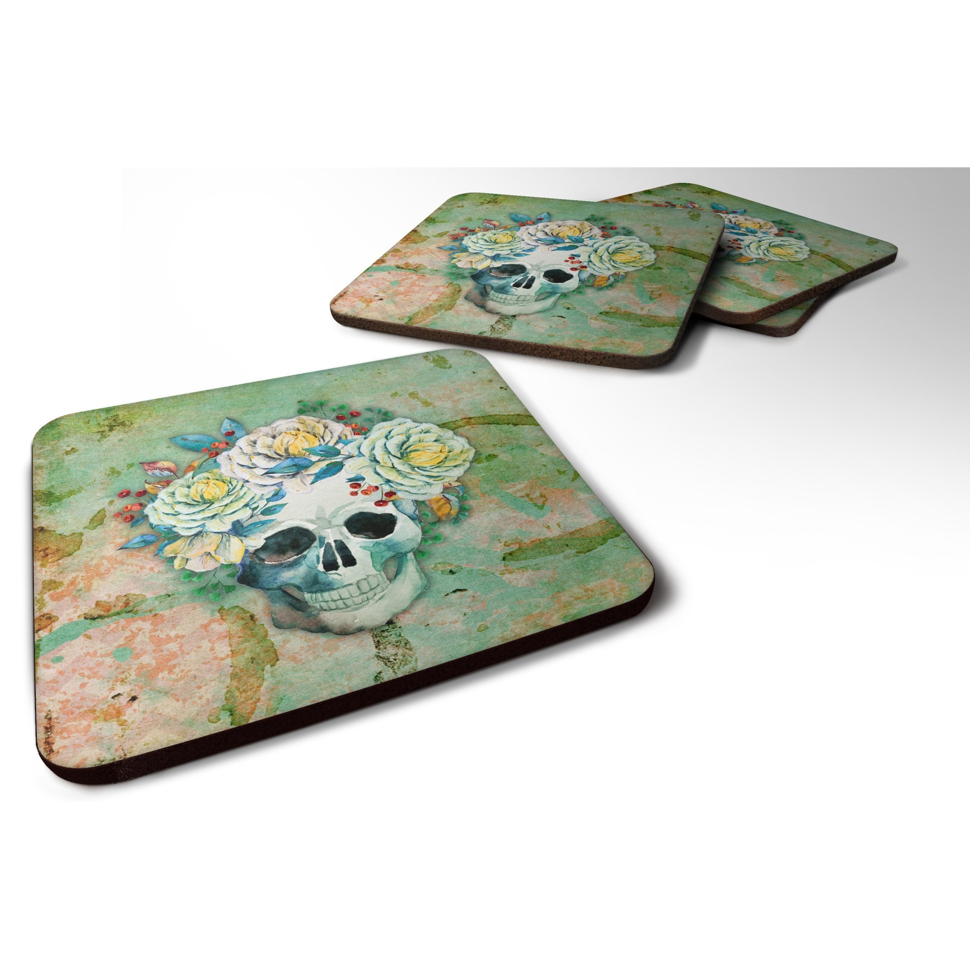 &quotCaroline's Treasures Day of The Dead Skull with Flowers Foam Coaster Set of 4, 3.5, Multicolor"