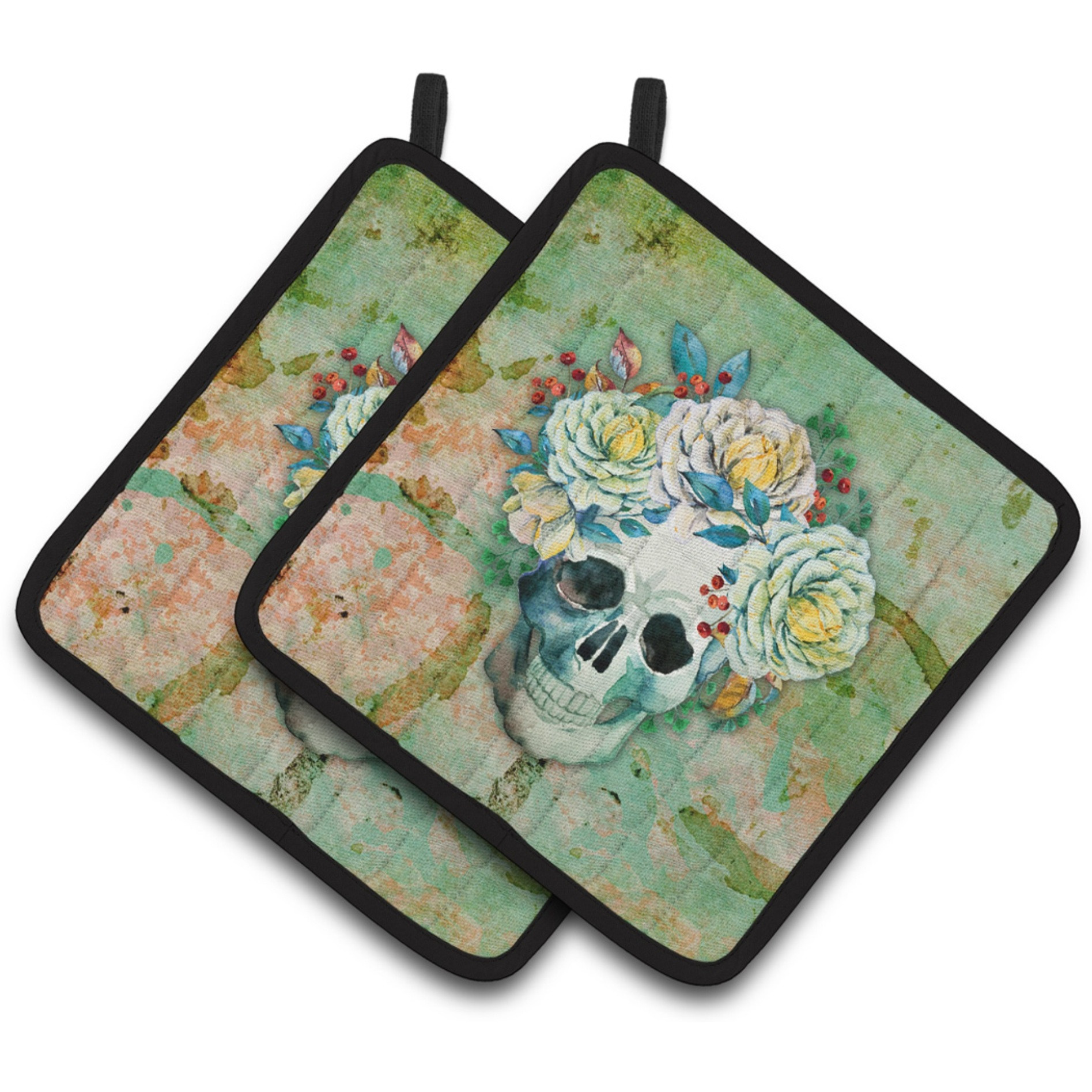 &quotCaroline's Treasures Day of The Dead Skull with Flowers Pair of Pot Holders, 7.5HX7.5W, Multicolor"