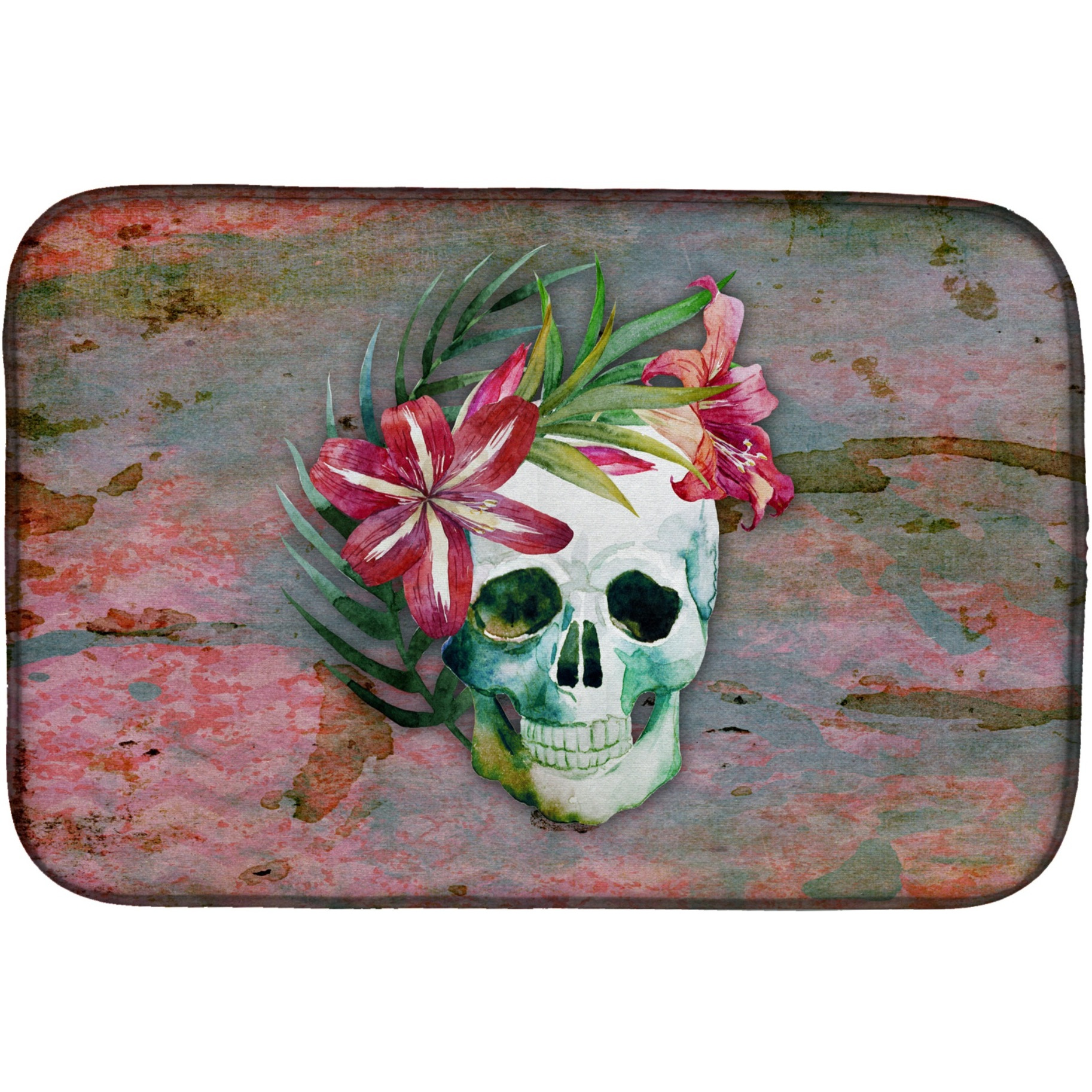 &quotCaroline's Treasures Day Of The Dead Skull Flowers Dish Drying Mat, 14"" x 21"""