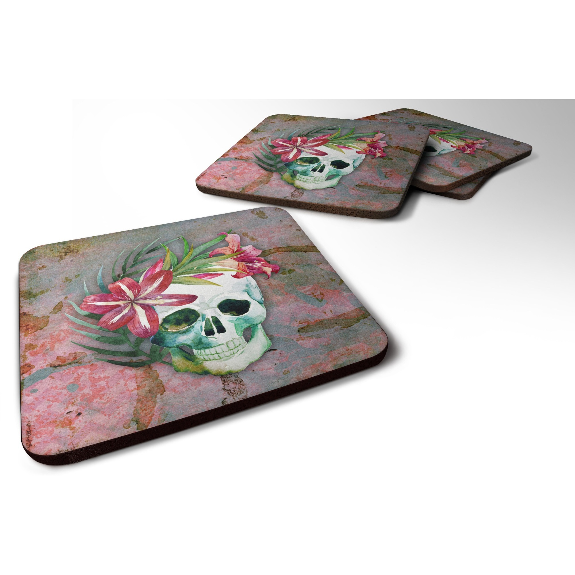 &quotCaroline's Treasures Day of The Dead Skull Flowers Foam Coaster Set of 4, 3.5, Multicolor"