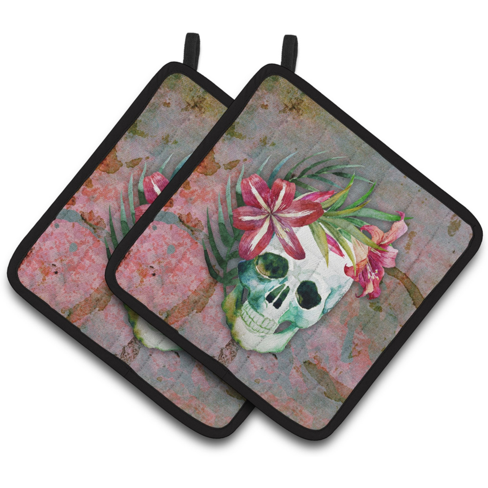 &quotCaroline's Treasures Day of The Dead Skull Flowers Pair of Pot Holders, 7.5HX7.5W, Multicolor"