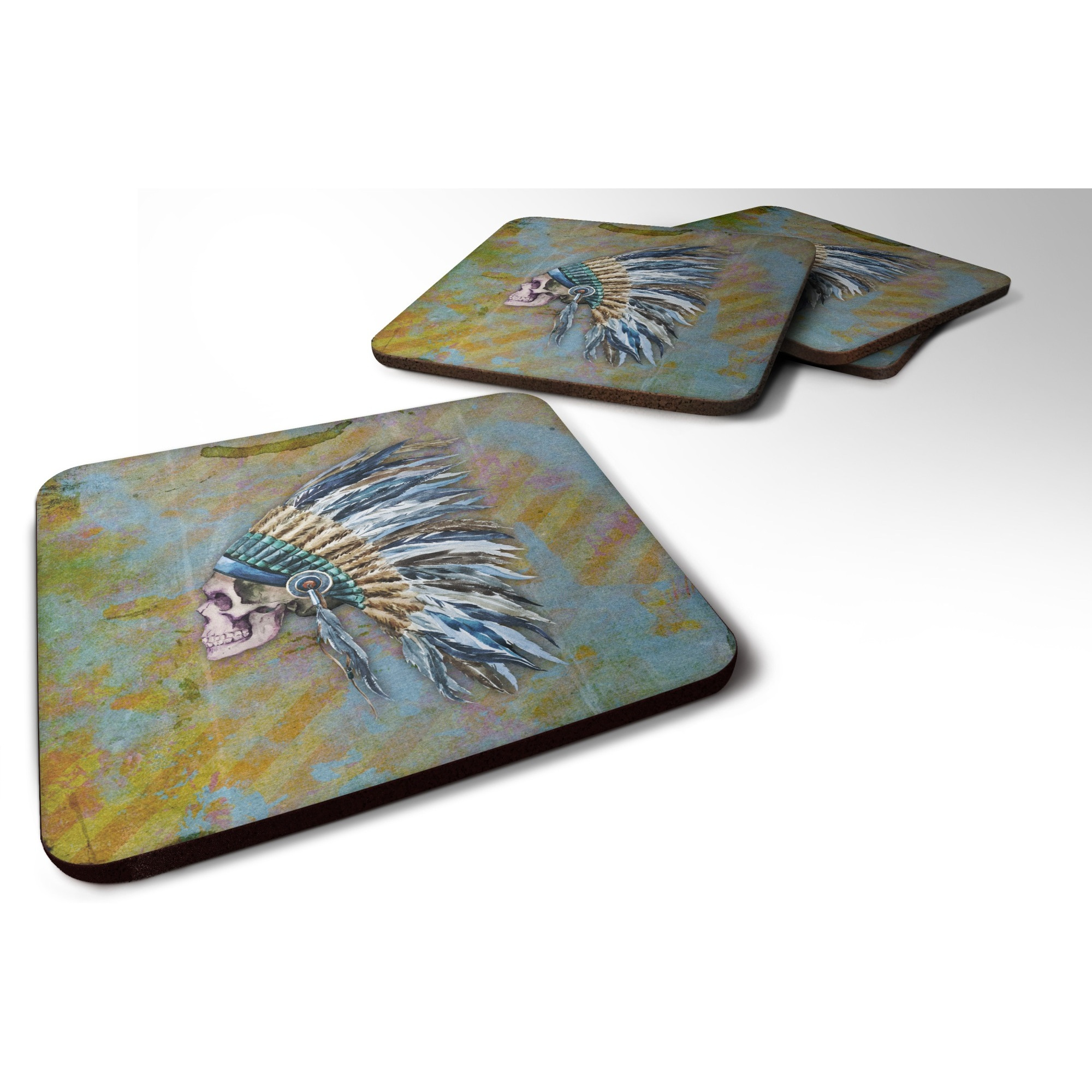 &quotCaroline's Treasures Day of The Dead Indian Chief Skull Foam Coaster Set of 4, 3.5, Multicolor"