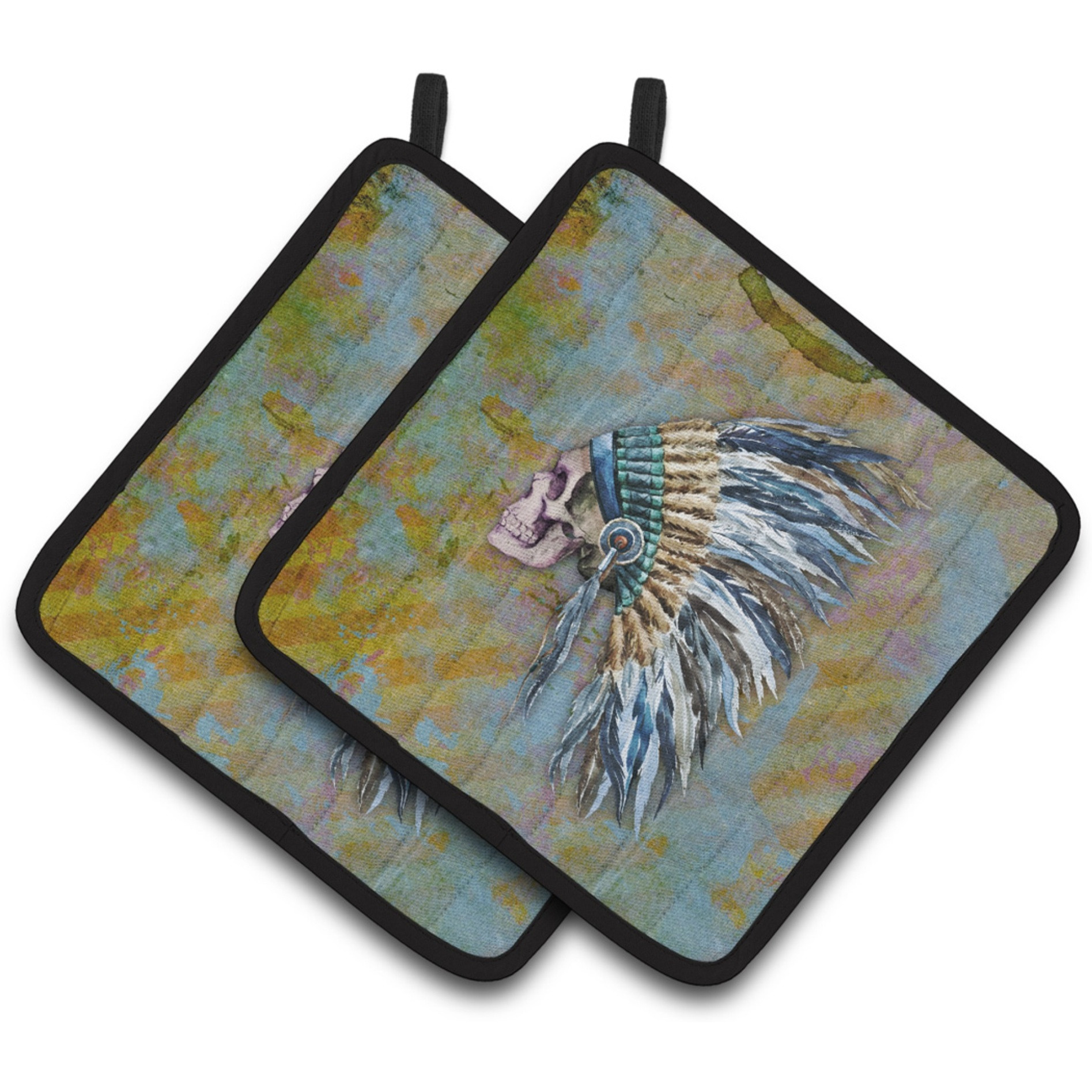 &quotCaroline's Treasures Day of The Dead Indian Chief Skull Pair of Pot Holders, 7.5HX7.5W, Multicolor"