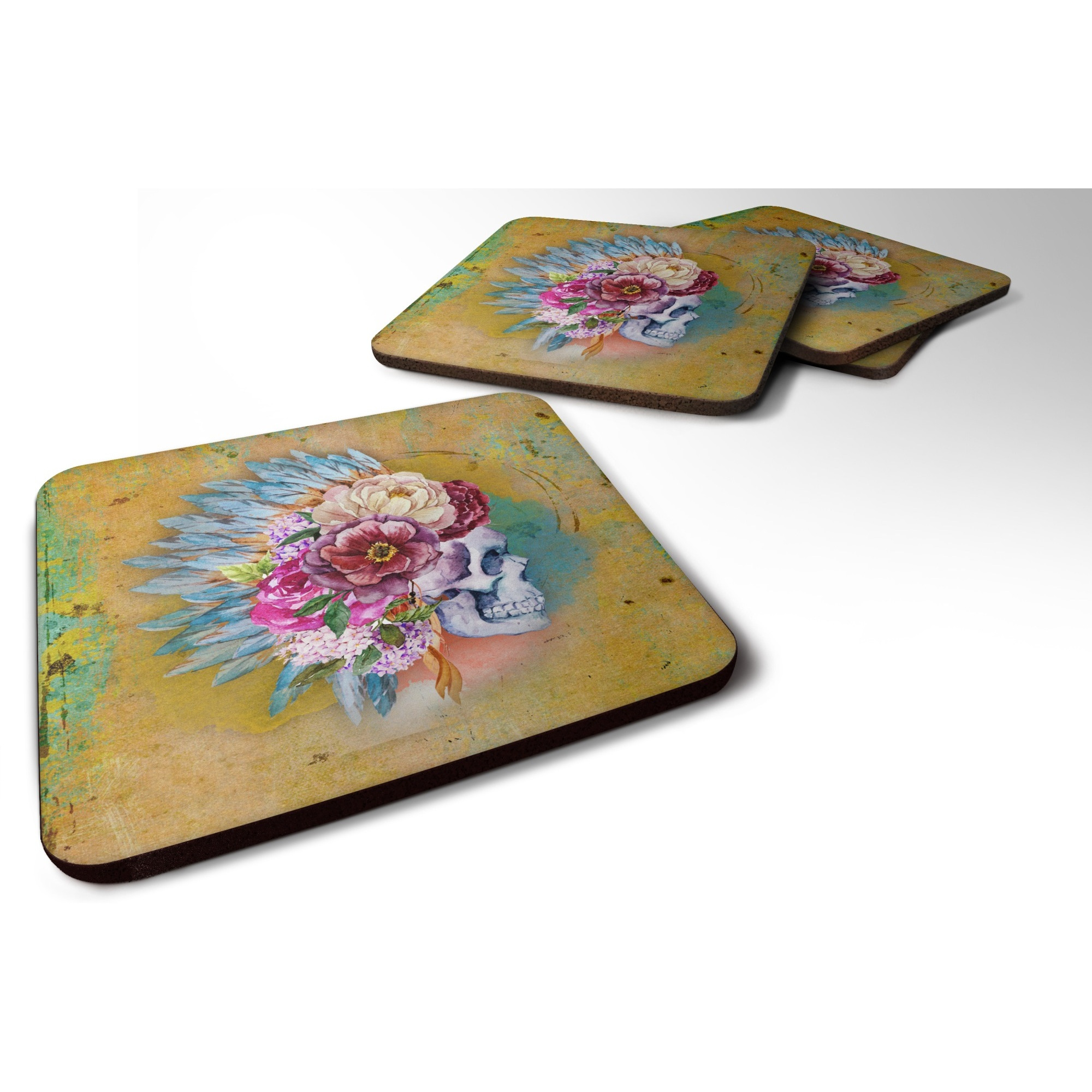 &quotCaroline's Treasures Day of The Dead Flowers Skull Foam Coaster Set of 4, 3.5, Multicolor"