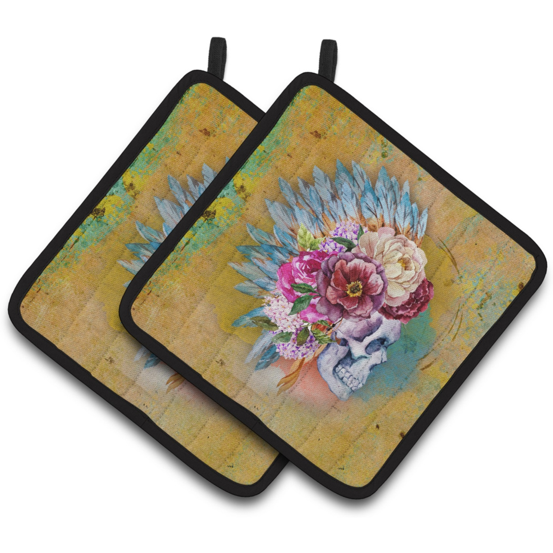 &quotCaroline's Treasures Day of The Dead Flowers Skull Pair of Pot Holders, 7.5HX7.5W, Multicolor"