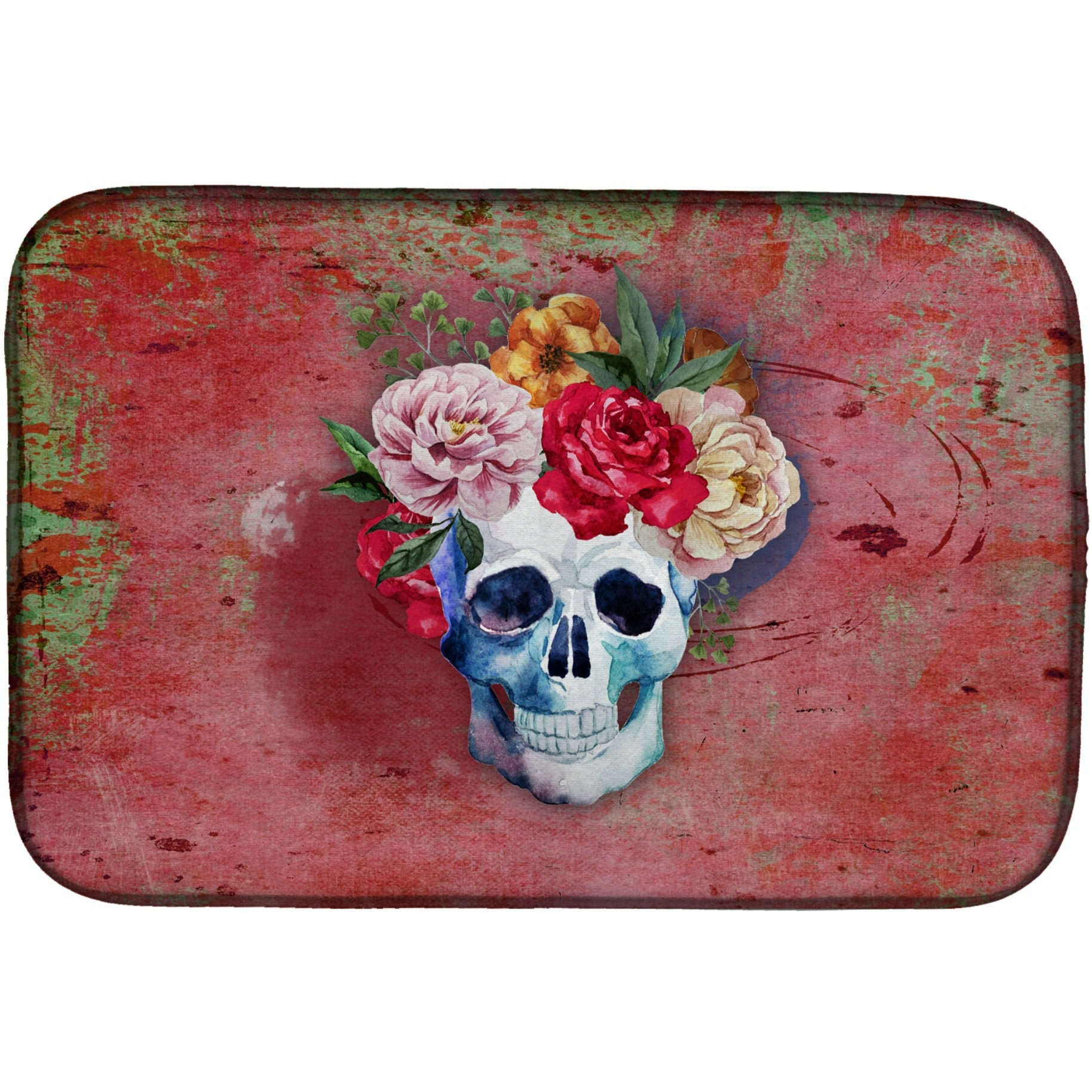 &quotCaroline's Treasures Day Of The Dead Red Flowers Skull Dish Drying Mat, 14"" x 21"""