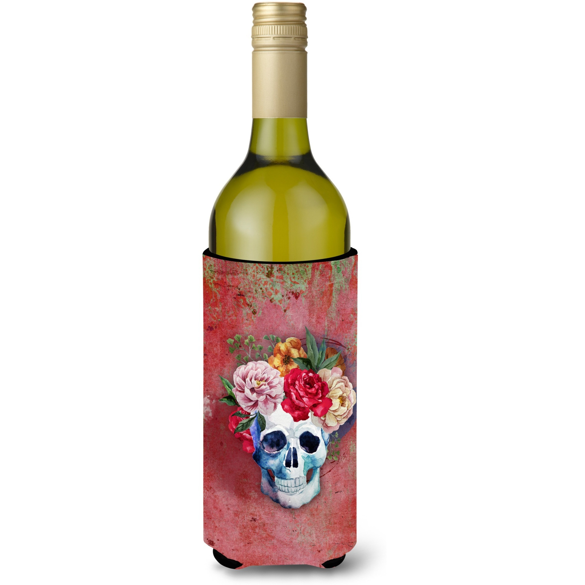 &quotCaroline's Treasures Day of the Dead Red Flowers Skull Wine Bottle Beverage Insulator Hugger, 750 ml, Multicolor"