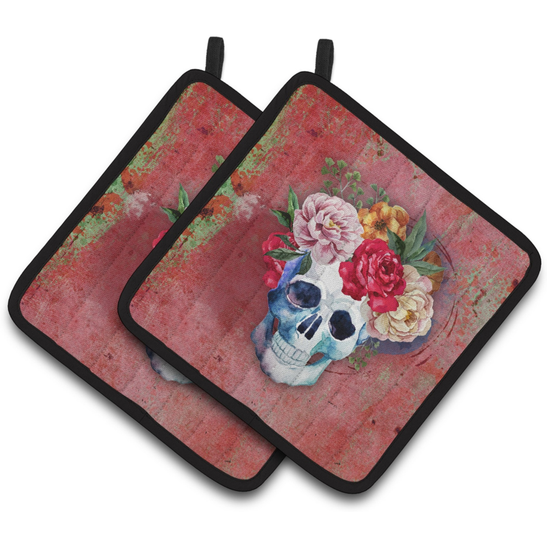 &quotCaroline's Treasures Day of The Dead Red Flowers Skull Pair of Pot Holders, 7.5HX7.5W, Multicolor"