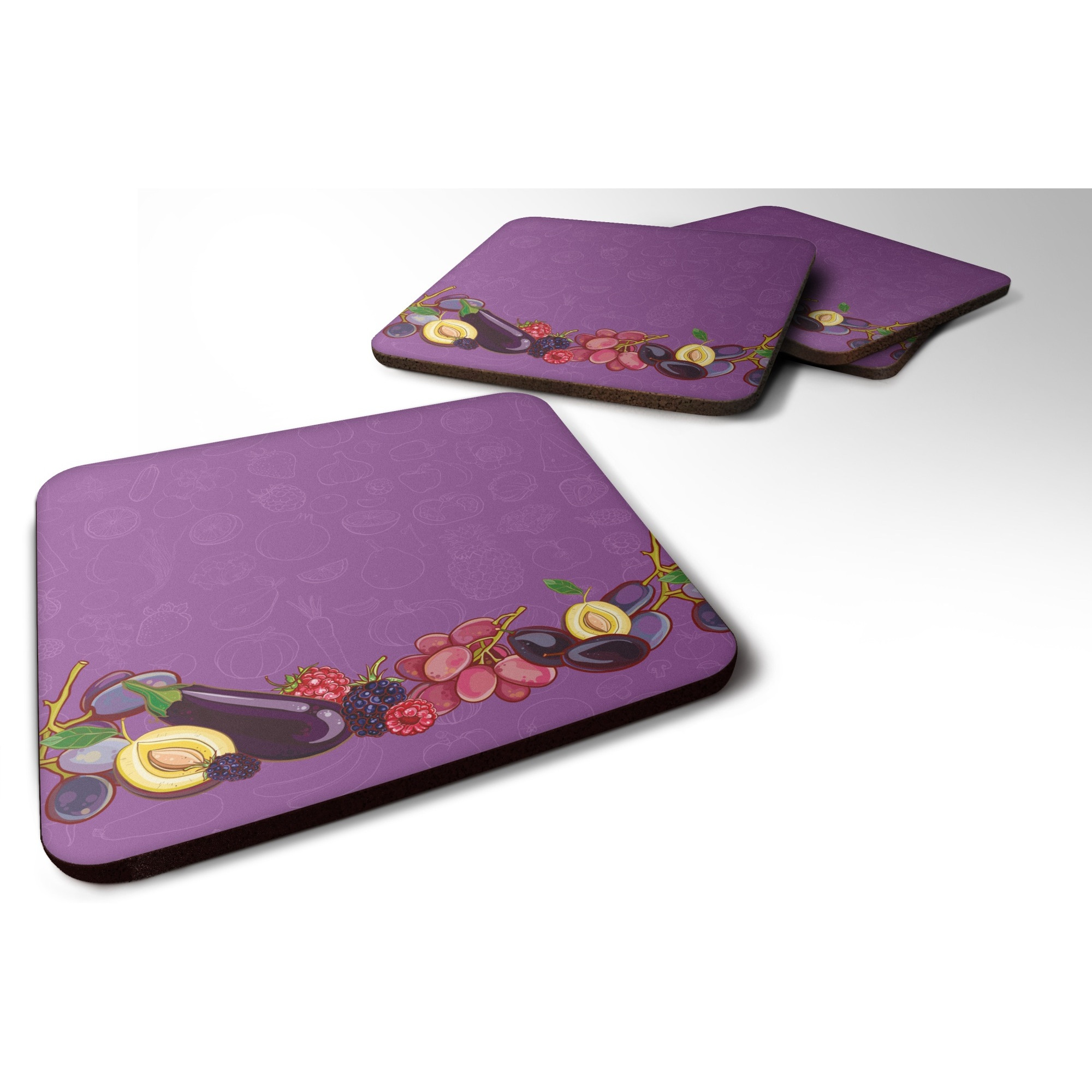 &quotCaroline's Treasures Fruits & Vegetables In Purple Foam Coaster Set of 4, 3.5, Multicolor"