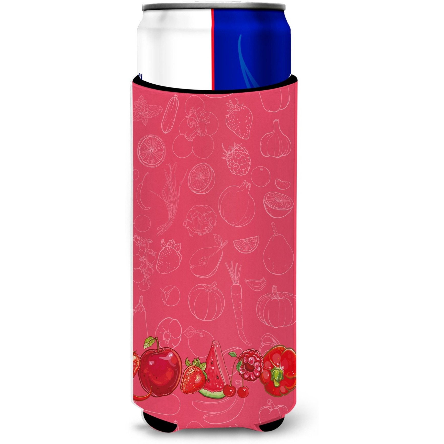 &quotCaroline's Treasures Fruits & Vegetables In Red Michelob Ultra Hugger For Slim Cans, Slim Can, Multicolor"