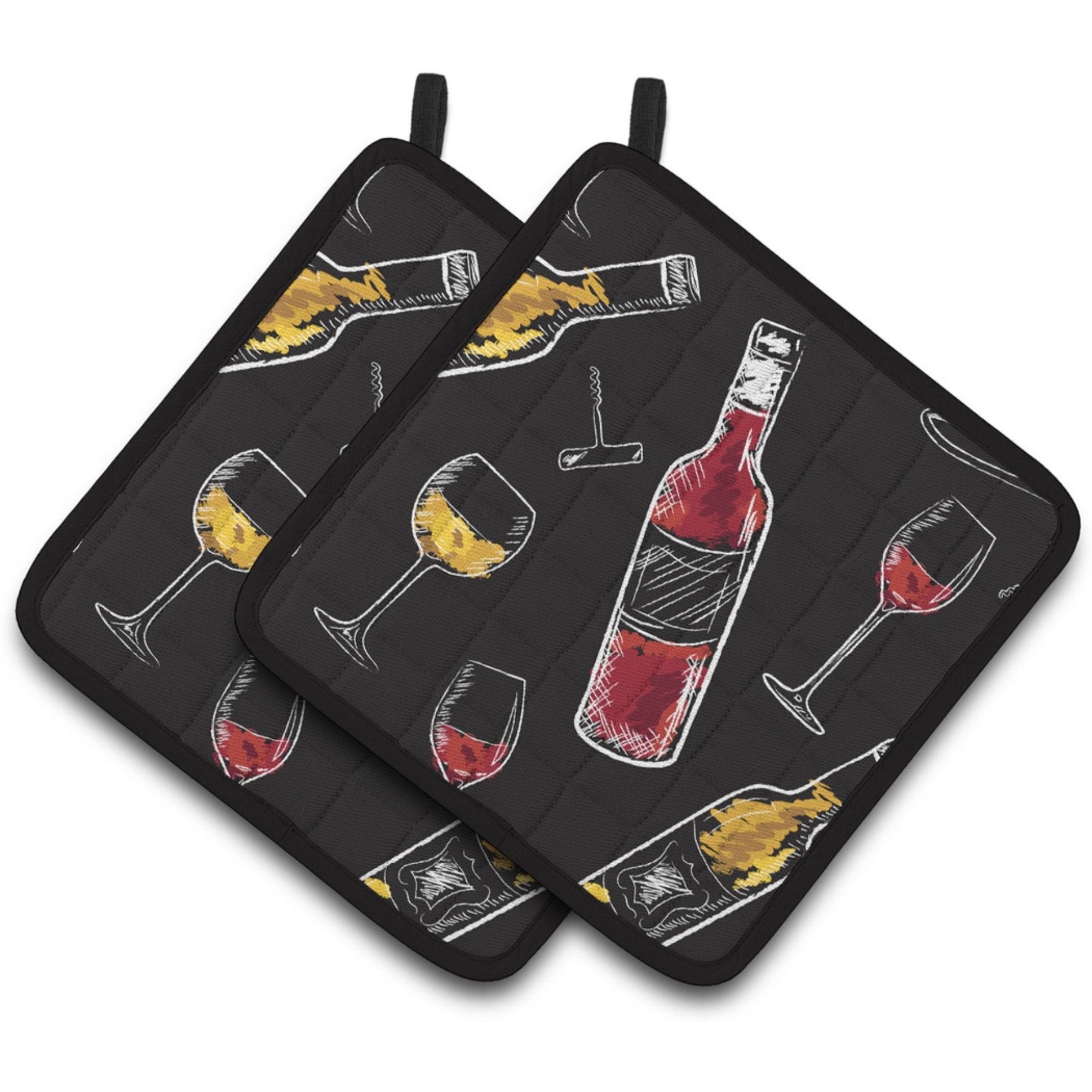 &quotCaroline's Treasures Red & White Wine On black Pair of Pot Holders, 7.5HX7.5W, Multicolor"