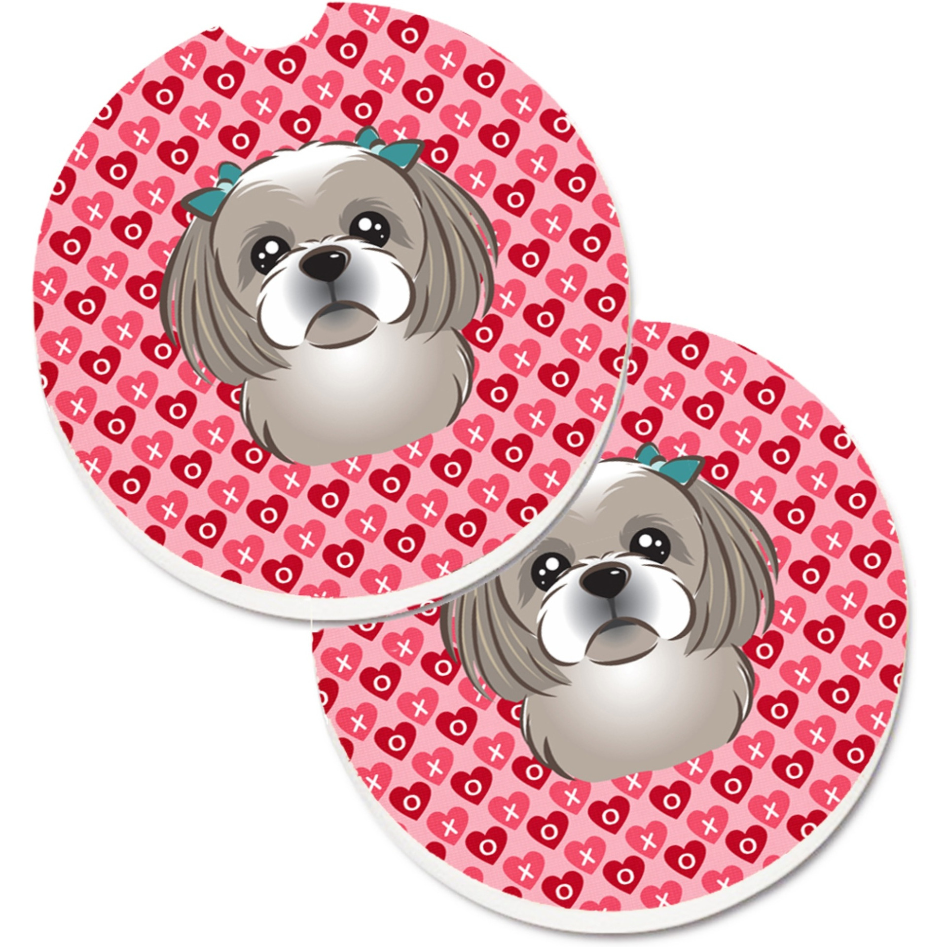 &quotCaroline's Treasures Gray Silver Shih Tzu Hearts Set of 2 Cup Holder Car Coasters, 2.56, Multicolor"