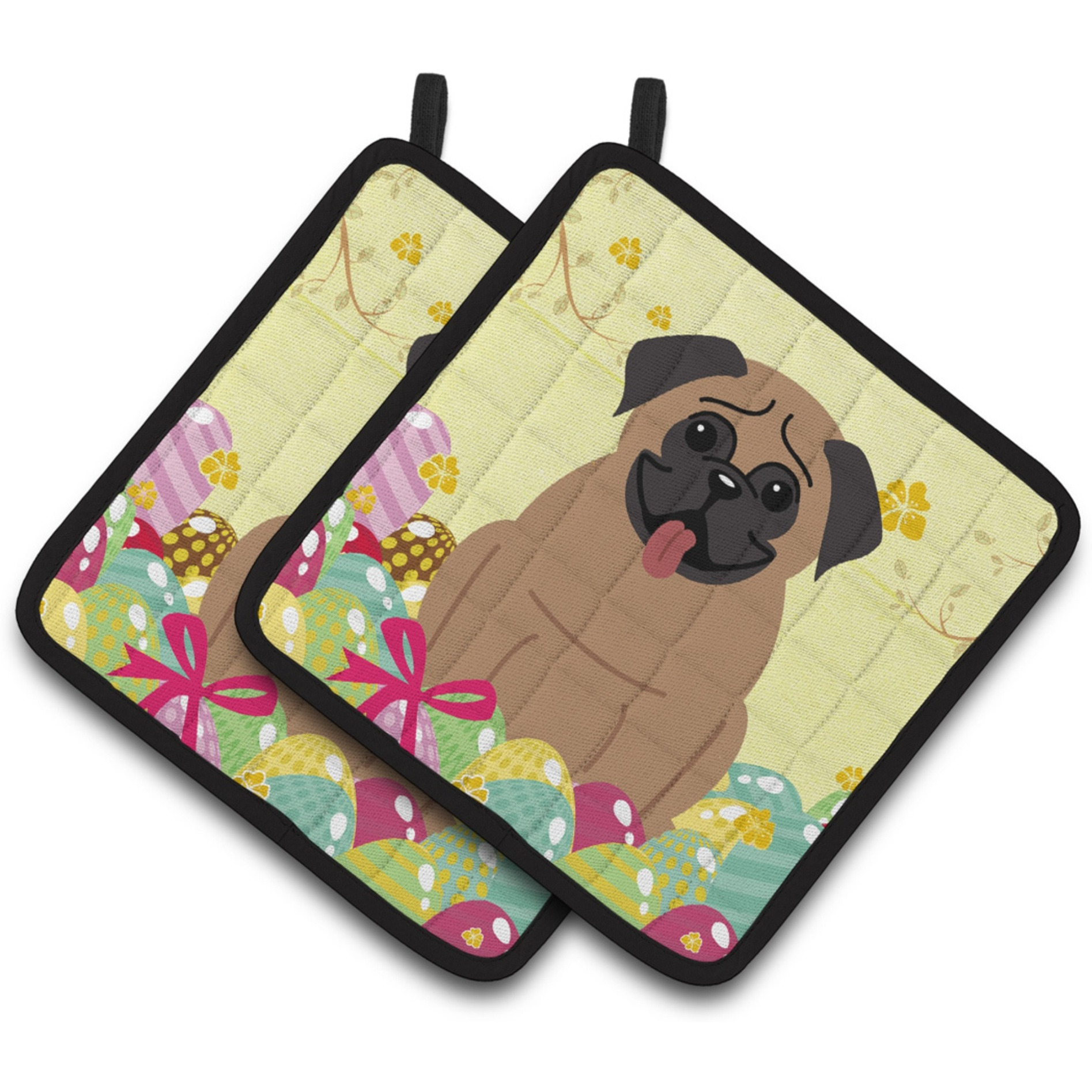 &quotCaroline's Treasures BB6005PTHD Easter Eggs Pug Brown Pair of Pot Holders, 7.5"" x 7.5"", Multicolor"