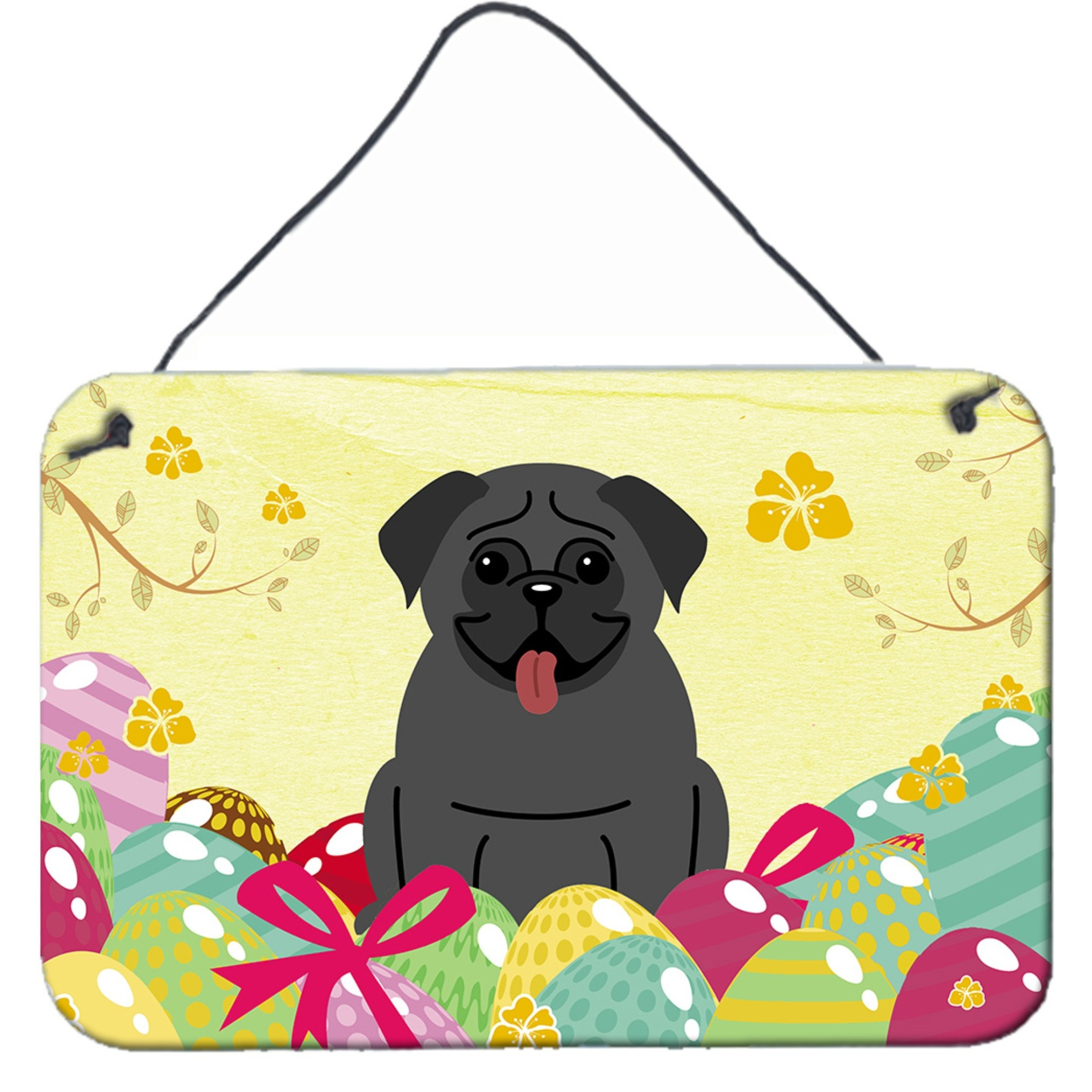 &quotCaroline's Treasures Easter Eggs Pug Black Metal Print, 8"" H x 12"" W"