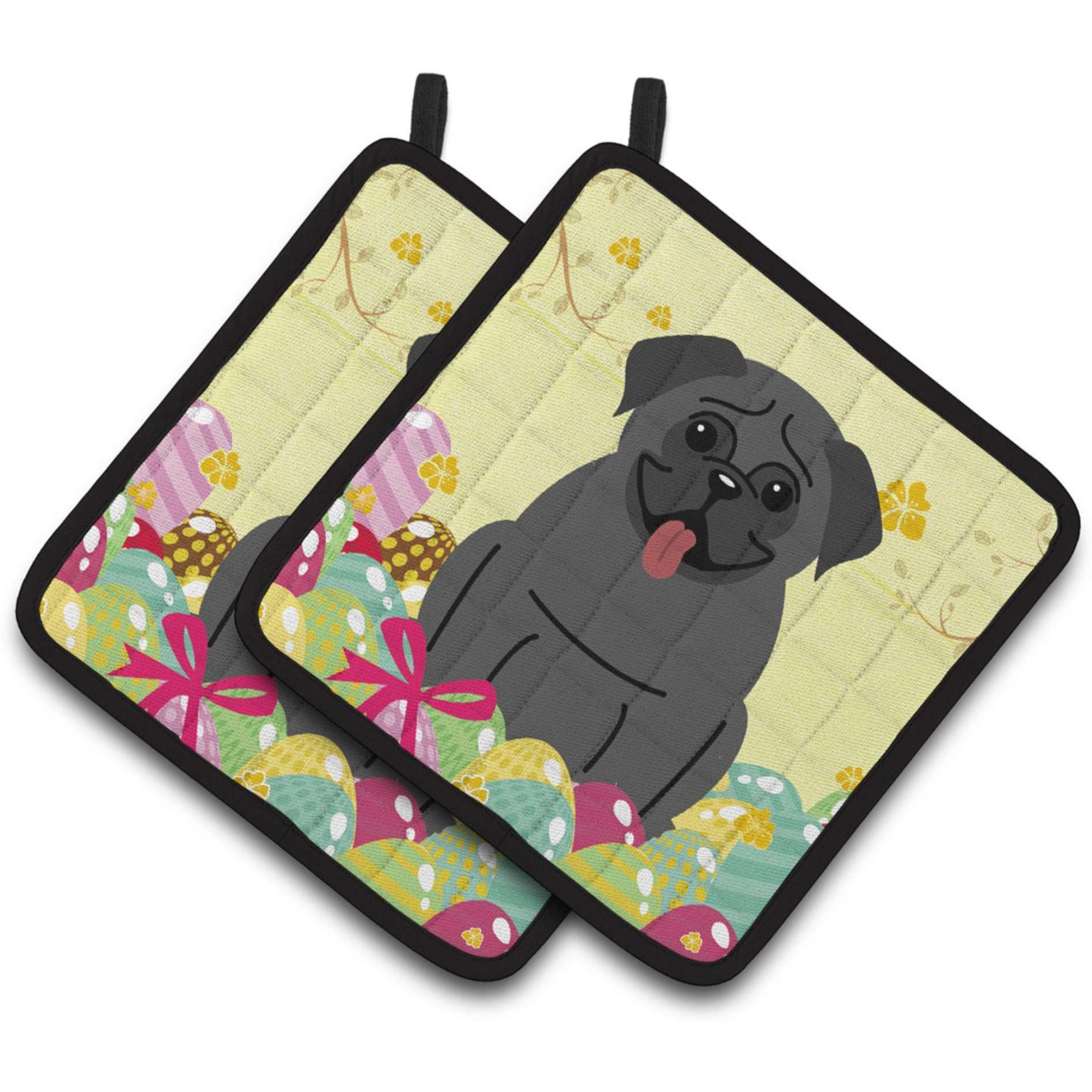 &quotCaroline's Treasures Easter Eggs Pug black Pair of Pot Holders, 7.5HX7.5W, Multicolor"