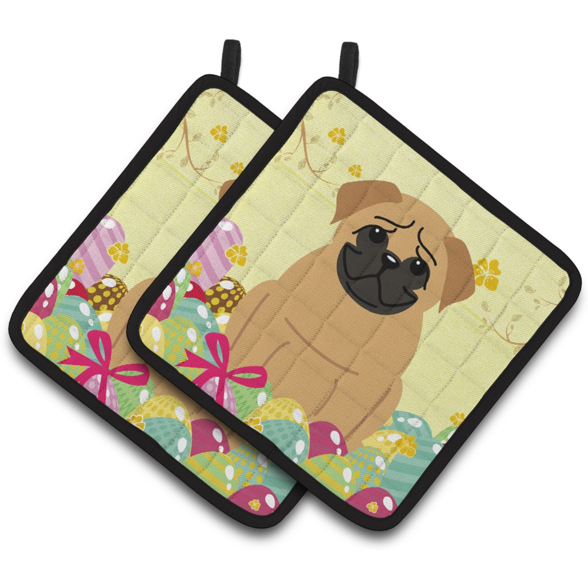 &quotCaroline's Treasures BB6007PTHD Easter Eggs Pug Brown Pair of Pot Holders, 7.5"" x 7.5"", Multicolor"