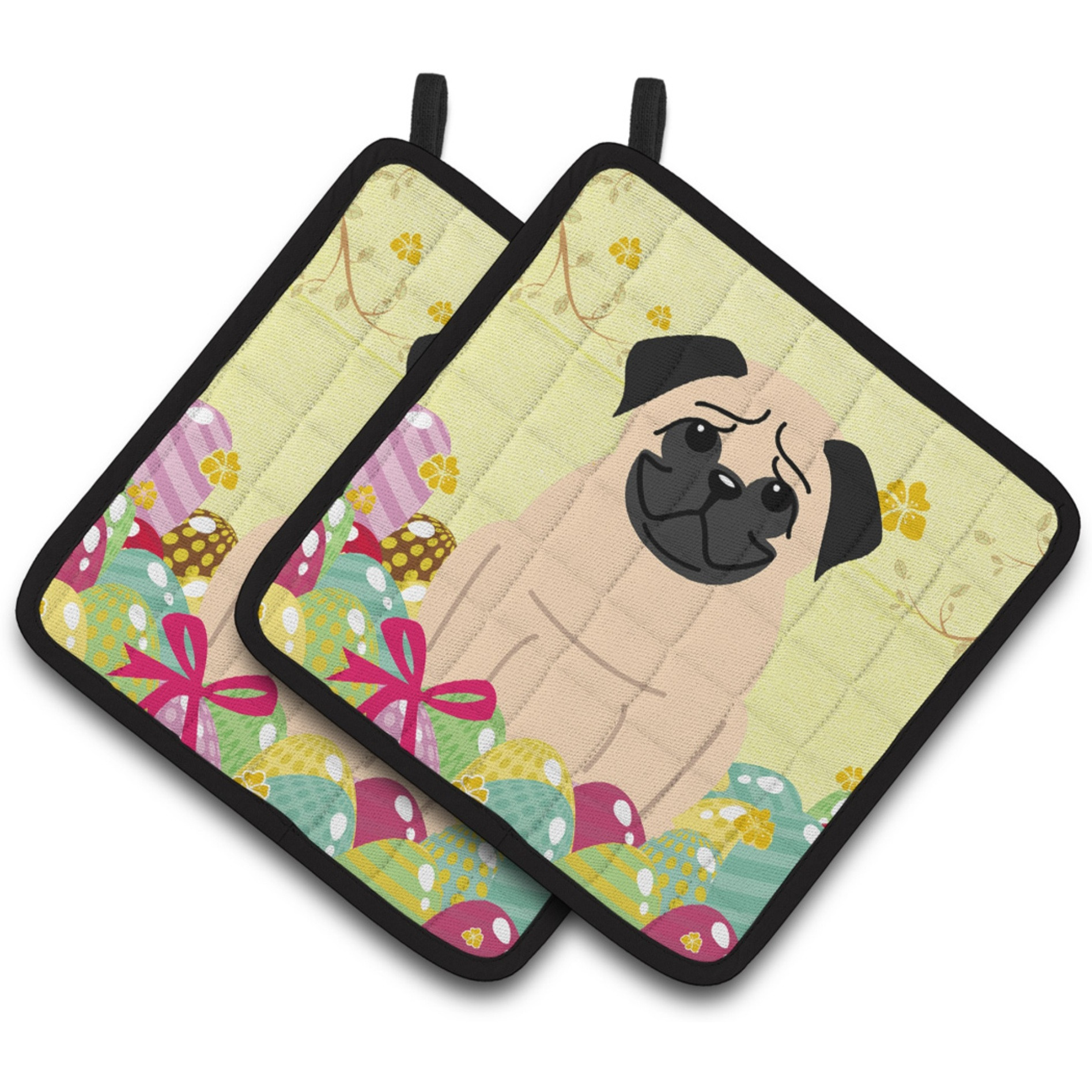 &quotCaroline's Treasures Easter Eggs Pug Fawn Pair of Pot Holders, 7.5HX7.5W, Multicolor"