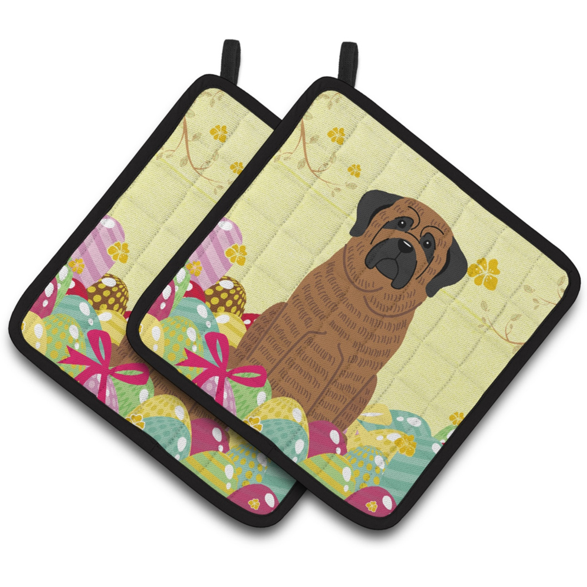 &quotCaroline's Treasures Easter Eggs Mastiff Brindle Pair of Pot Holders, 7.5HX7.5W, Multicolor"