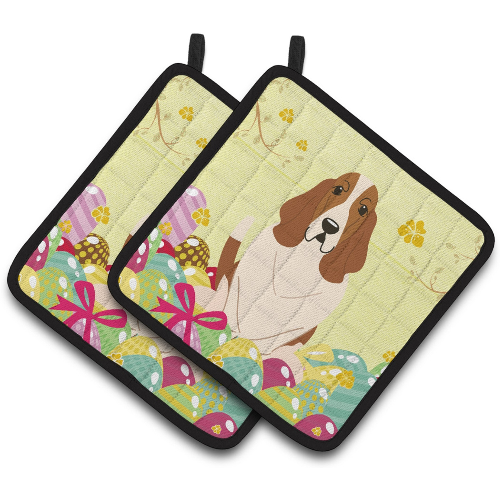 &quotCaroline's Treasures Easter Eggs Basset Hound Pair of Pot Holders, 7.5HX7.5W, Multicolor"