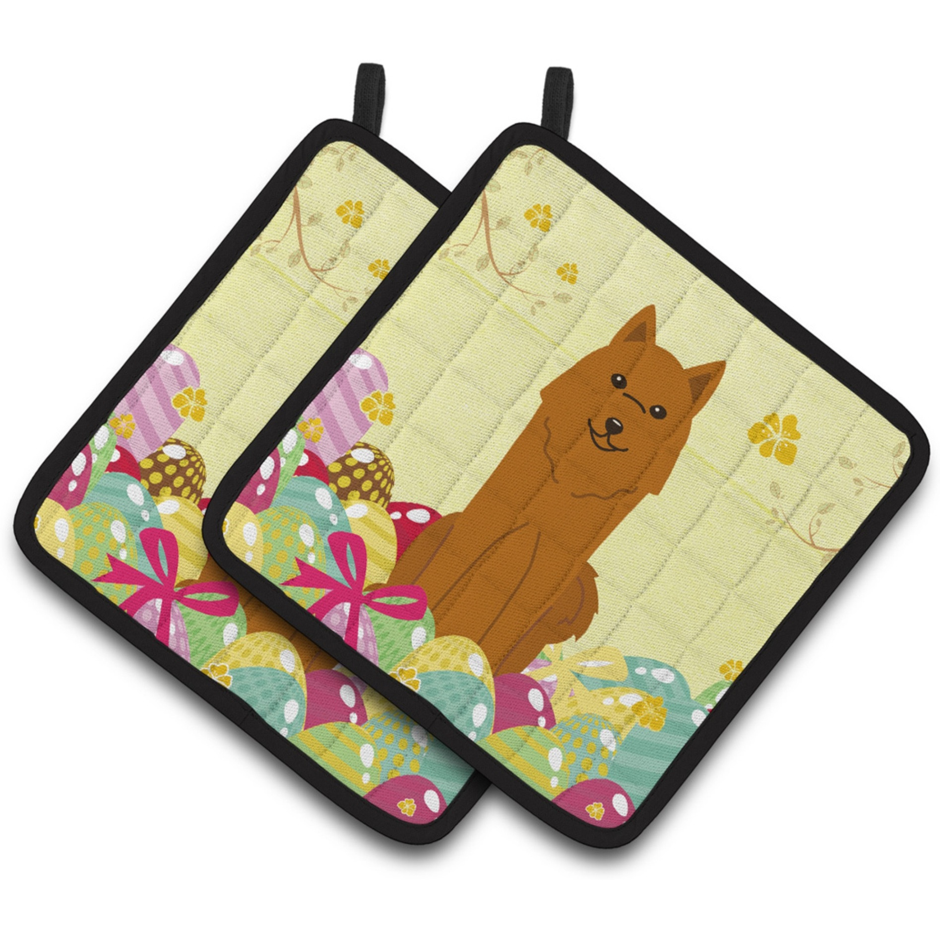 &quotCaroline's Treasures Easter Eggs Karelian Bear Dog Pair of Pot Holders, 7.5HX7.5W, Multicolor"