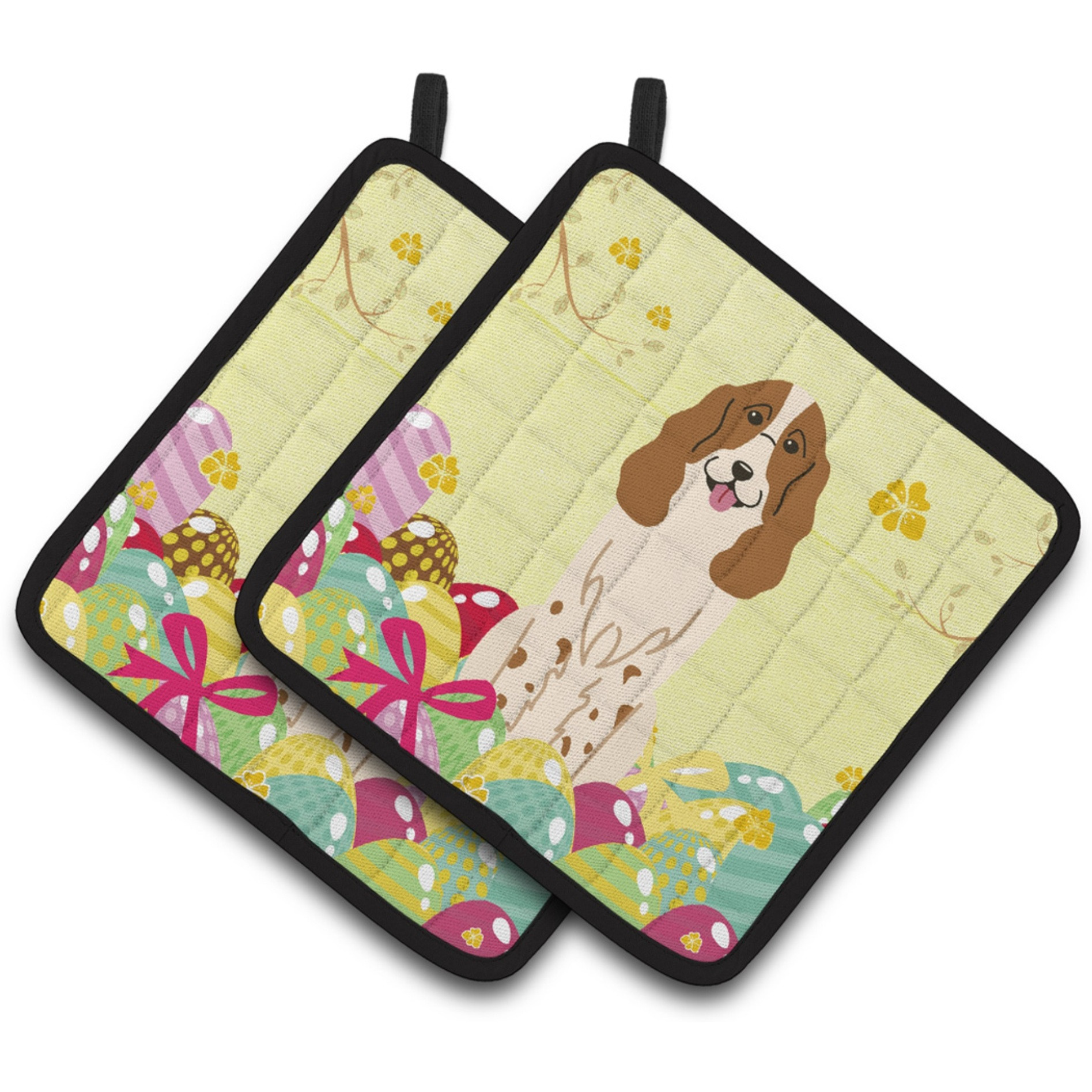 &quotCaroline's Treasures Easter Eggs Russian Spaniel Pair of Pot Holders, 7.5HX7.5W, Multicolor"