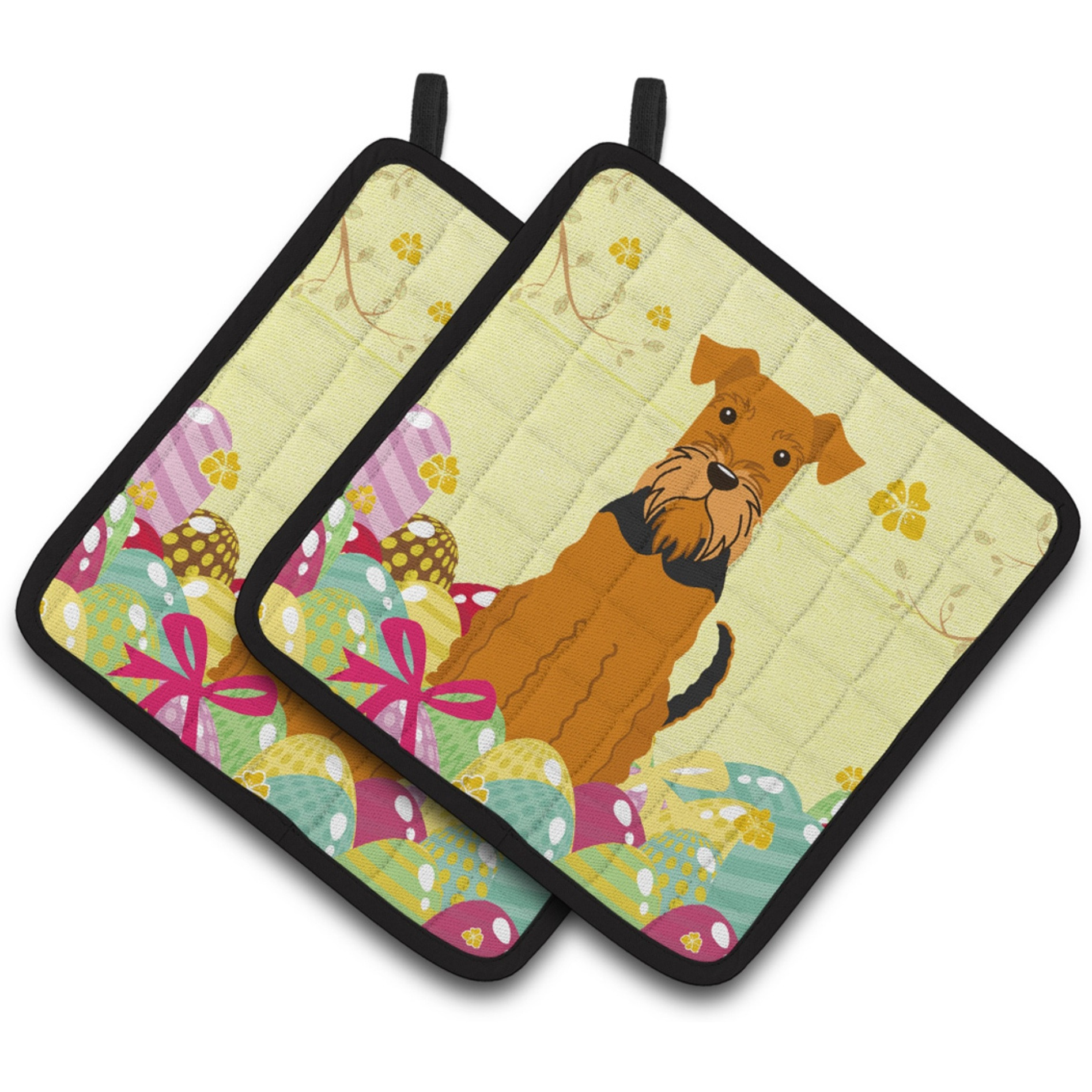 &quotCaroline's Treasures Easter Eggs Airedale Pair of Pot Holders, 7.5HX7.5W, Multicolor"