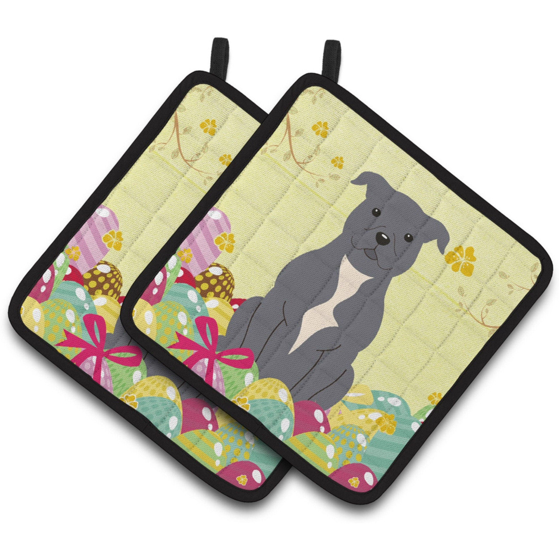 &quotCaroline's Treasures BB6046PTHD Easter Staffie Bull Terrier Pair of Pot Holders, 7.5"" x 7.5"", Multicolor"
