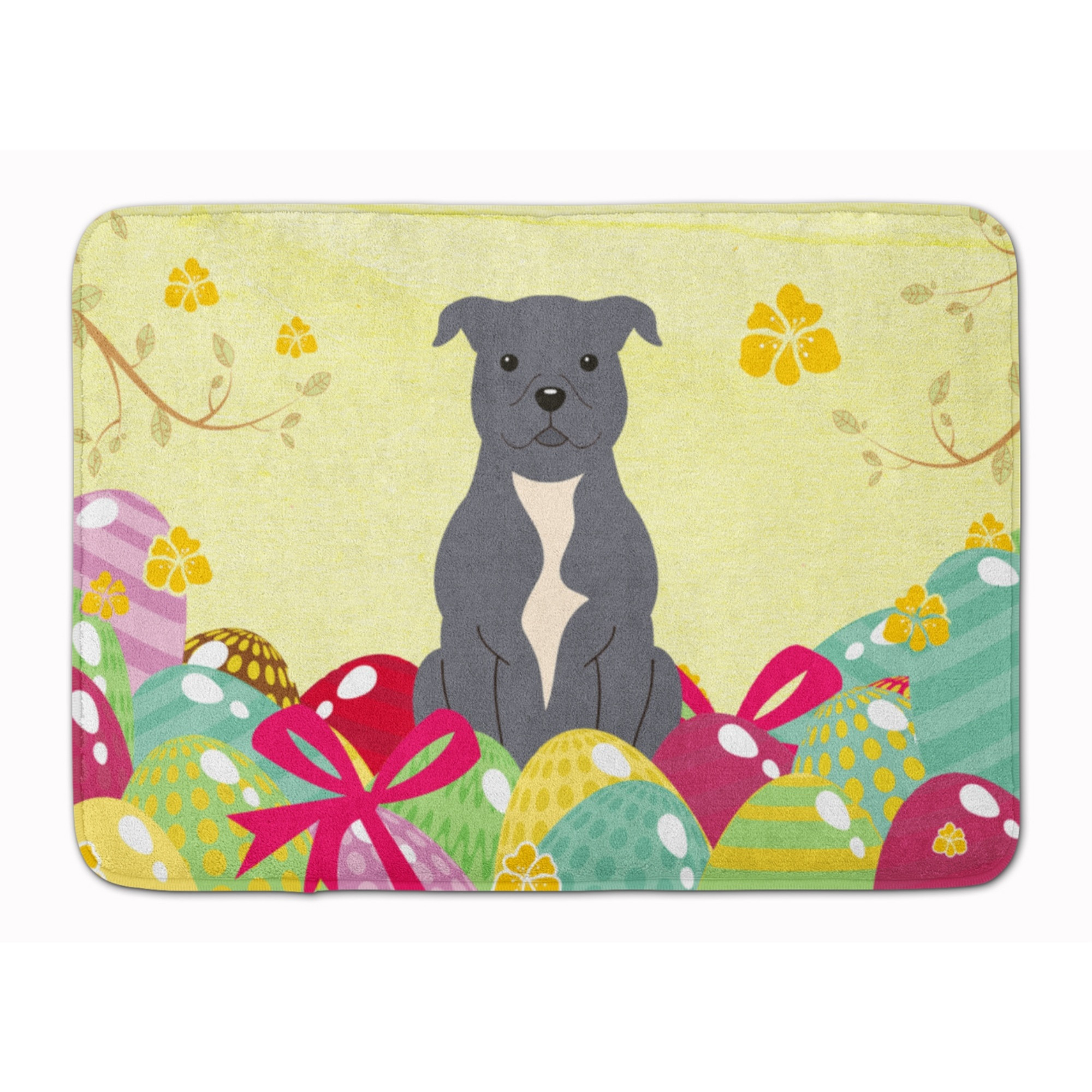 Caroline's Treasures Easter Eggs Staffordshire Bull Terrier Blue Machine Washable Memory Foam Mat doormats