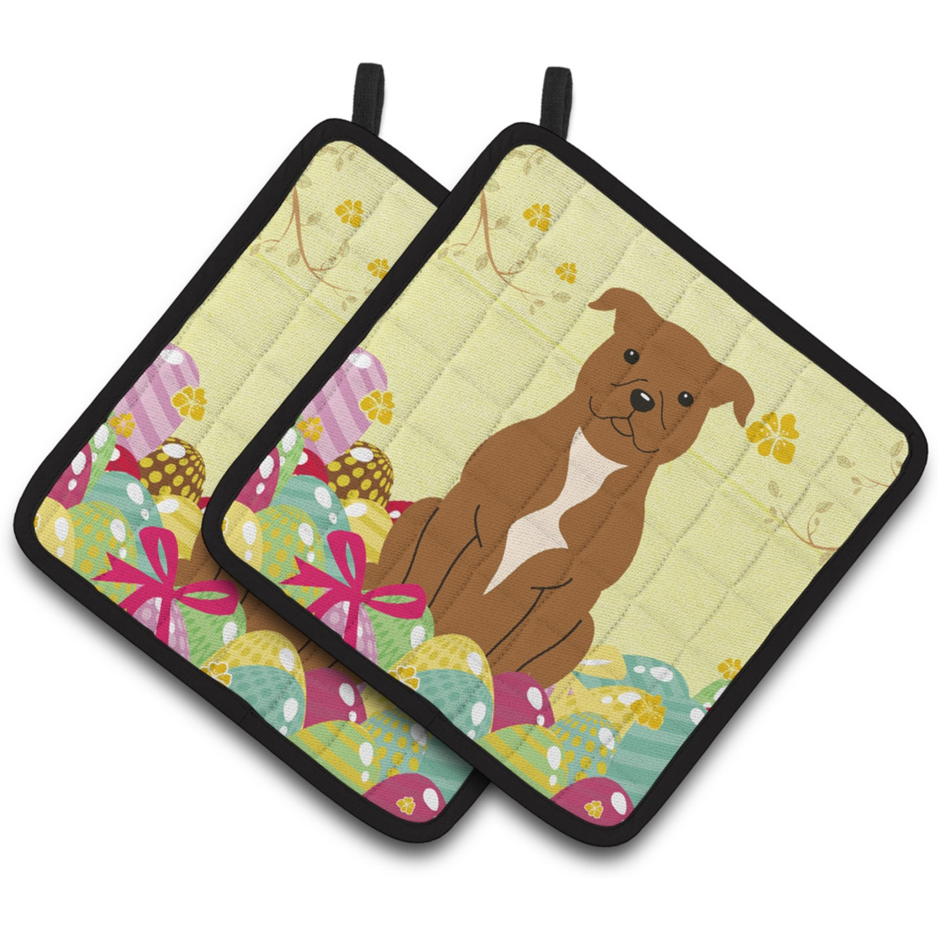 &quotCaroline's Treasures BB6047PTHD Easter Staffie Bull Terrier Pair of Pot Holders, 7.5"" x 7.5"", Multicolor"