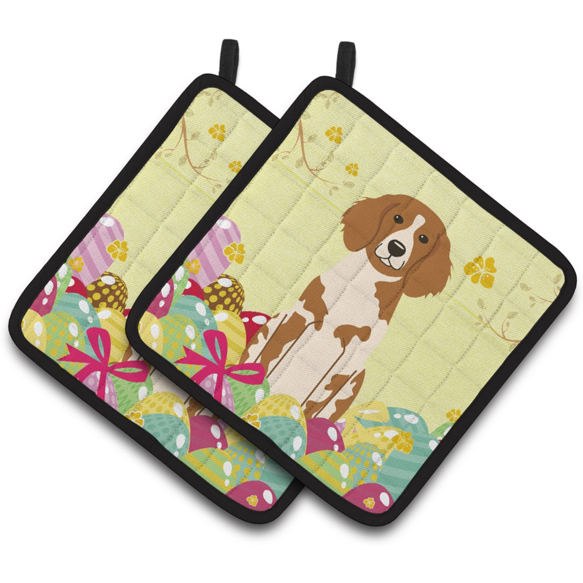 &quotCaroline's Treasures Easter Eggs Brittany Spaniel Pair of Pot Holders, 7.5HX7.5W, Multicolor"