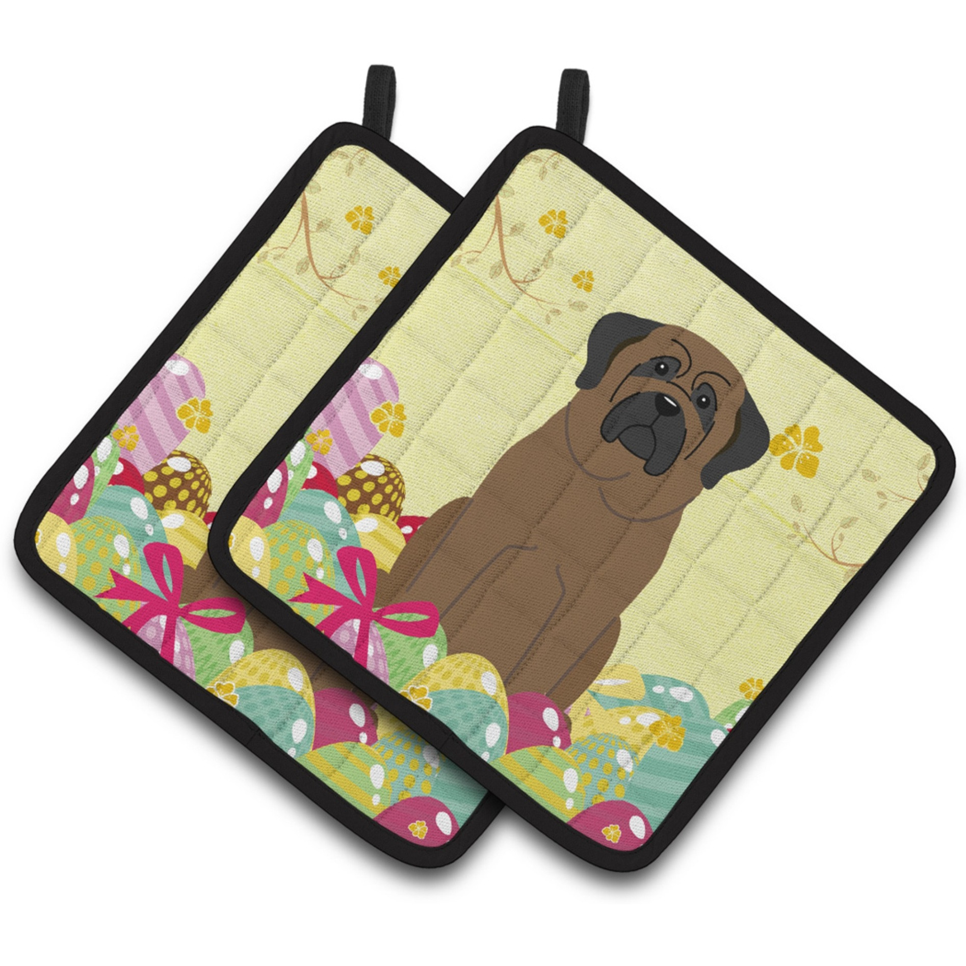 &quotCaroline's Treasures Easter Eggs Bullmastiff Pair of Pot Holders, 7.5HX7.5W, Multicolor"
