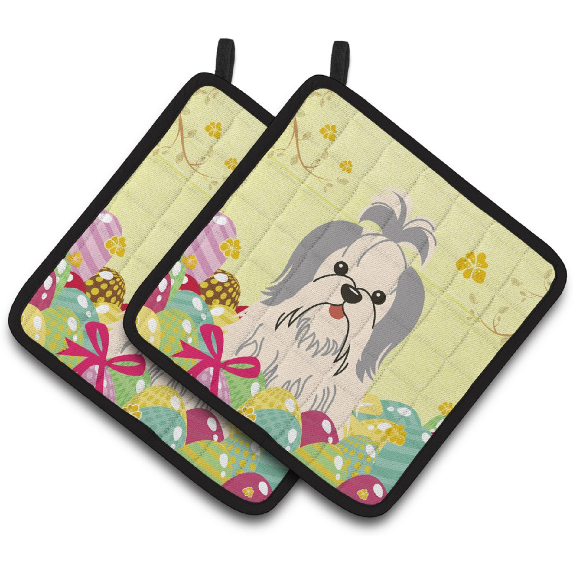 &quotCaroline's Treasures Easter Shih Tzu Silver White Pair of Pot Holders, 7.5HX7.5W, Multicolor"