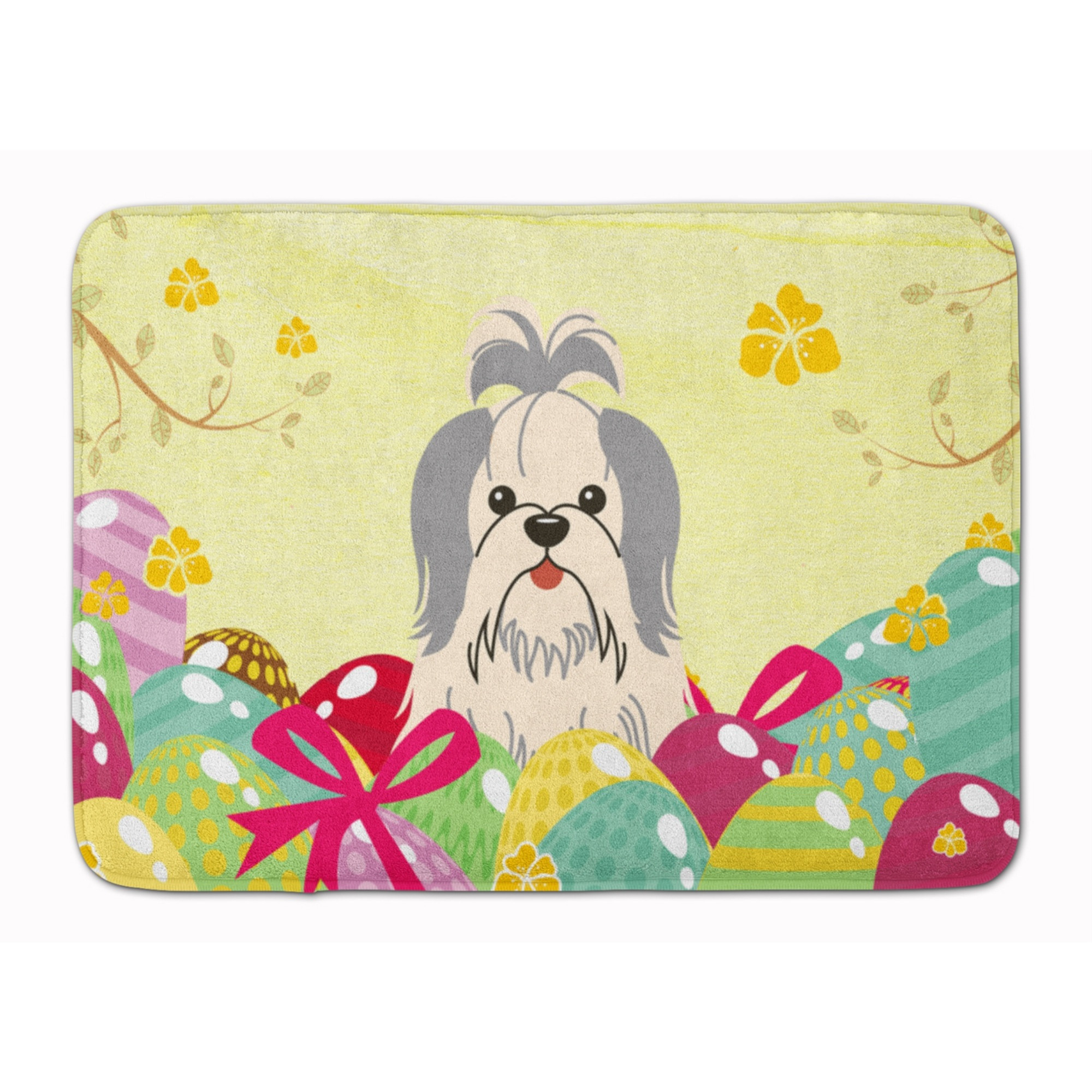 Caroline's Treasures Easter Eggs Shih Tzu Silver White Machine Washable Memory Foam Mat doormats