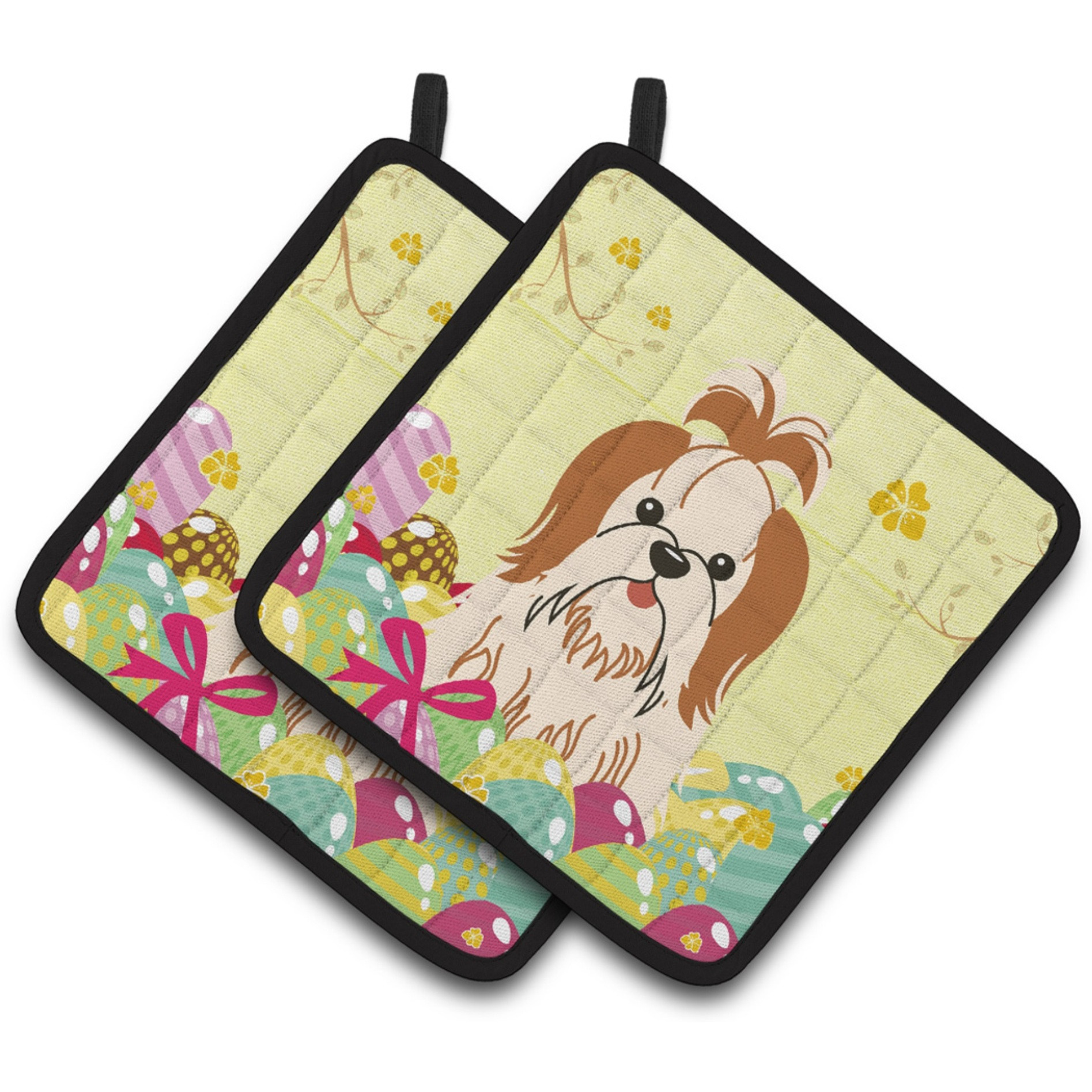 &quotCaroline's Treasures Easter Eggs Shih Tzu Red White Pair of Pot Holders, 7.5HX7.5W, Multicolor"