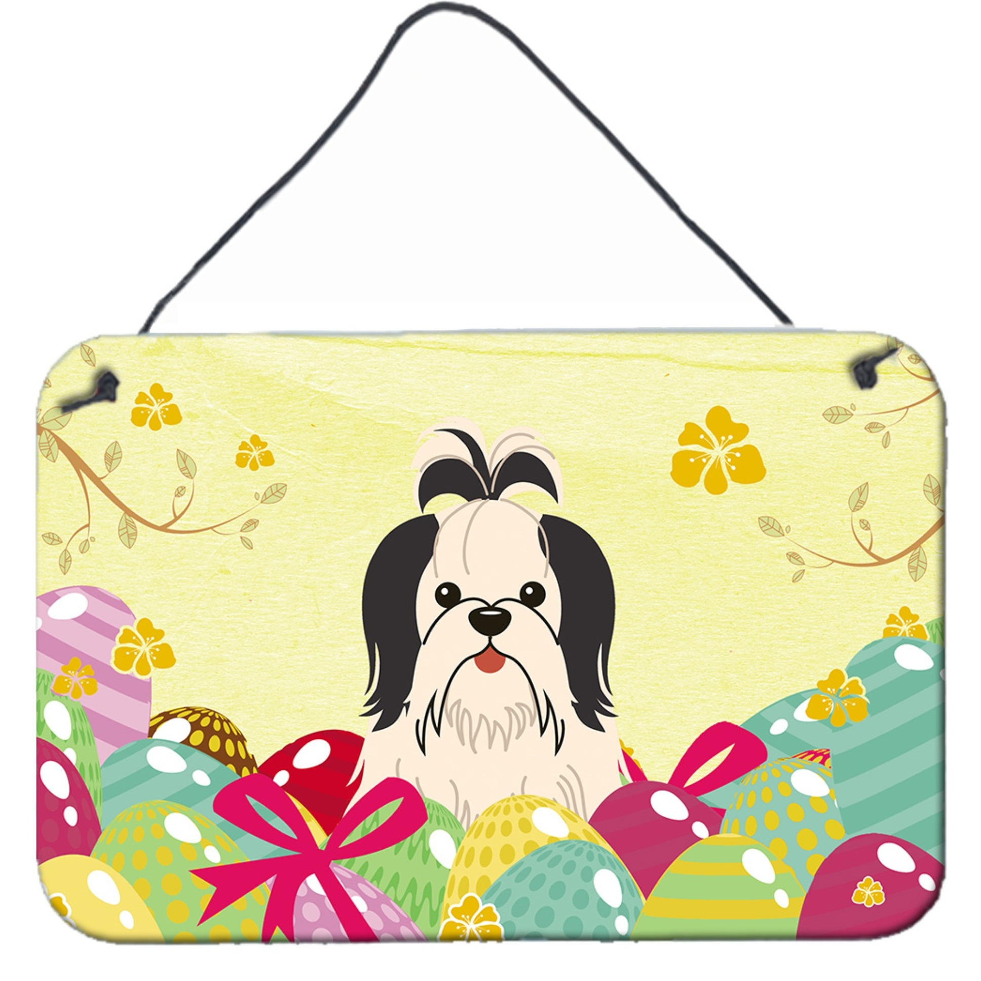 &quotCaroline's Treasures Easter Eggs Shih Tzu Black White Metal Print, 8"" H x 12"" W"