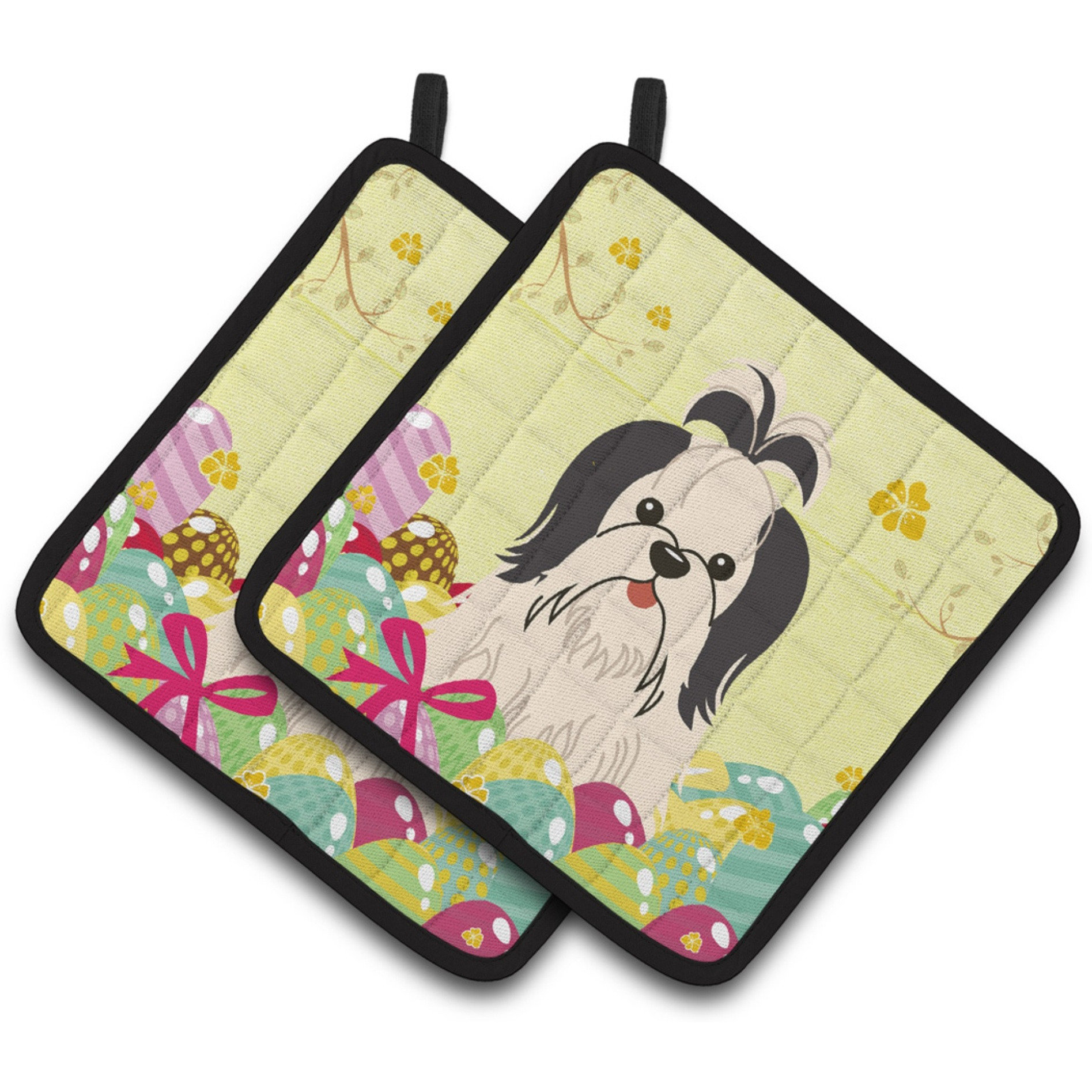 &quotCaroline's Treasures Easter Shih Tzu black White Pair of Pot Holders, 7.5HX7.5W, Multicolor"