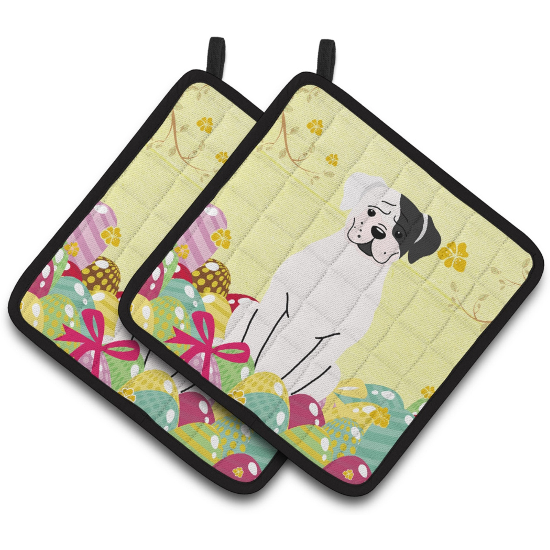 &quotCaroline's Treasures Easter Eggs White Boxer Cooper Pair of Pot Holders, 7.5HX7.5W, Multicolor"