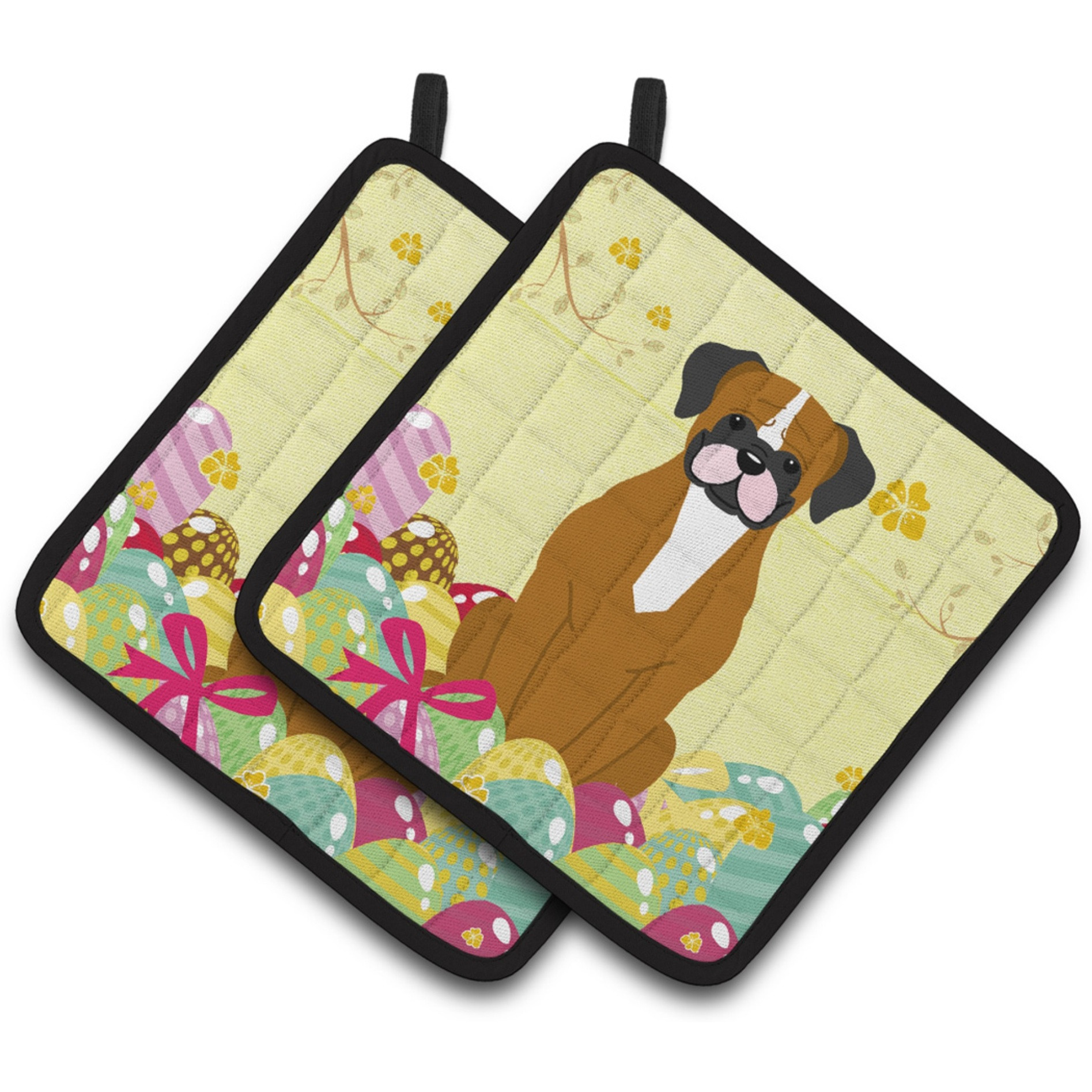 &quotCaroline's Treasures Easter Eggs Flashy Fawn Boxer Pair of Pot Holders, 7.5HX7.5W, Multicolor"