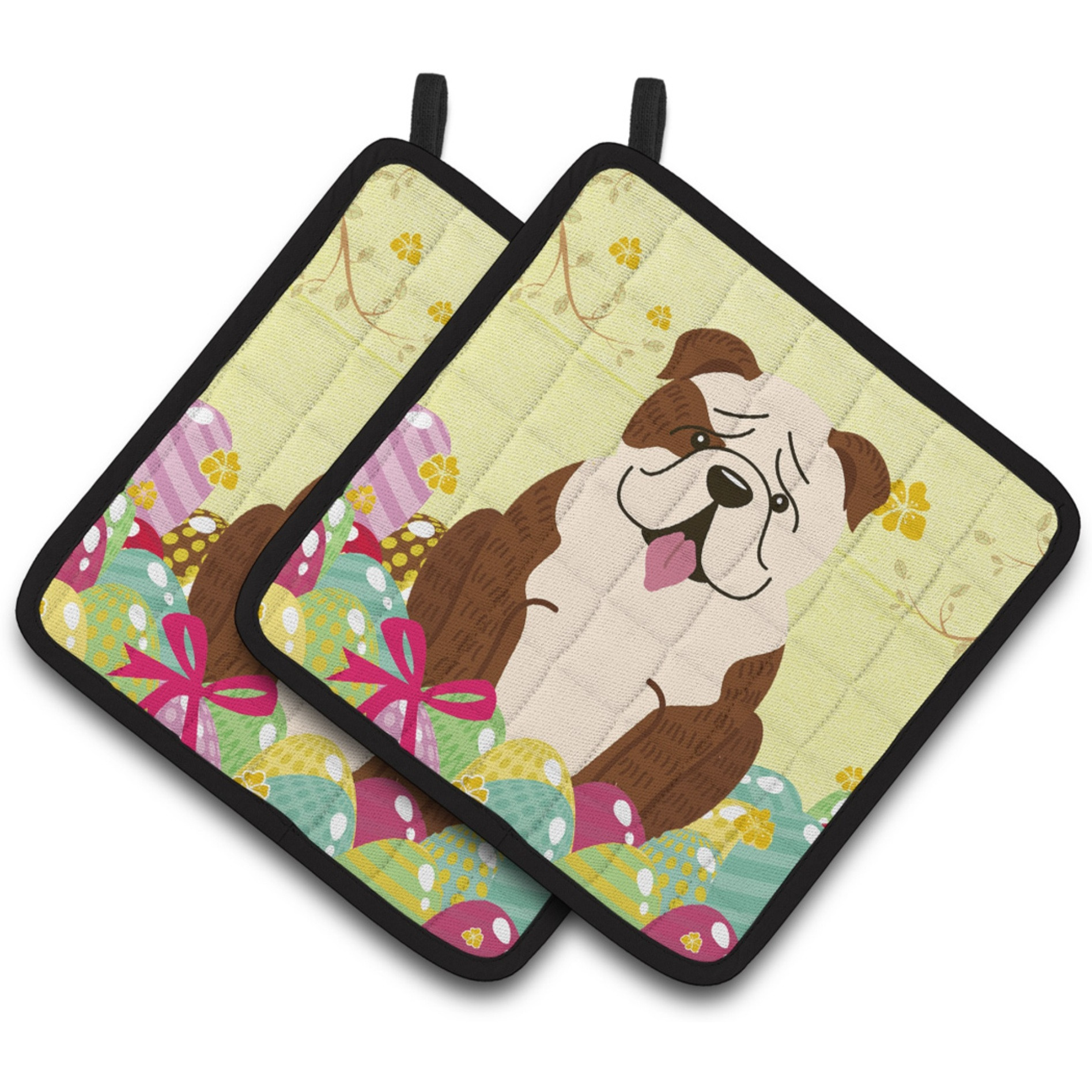 &quotCaroline's Treasures Easter English Bulldog Brindle Pair of Pot Holders, 7.5HX7.5W, Multicolor"