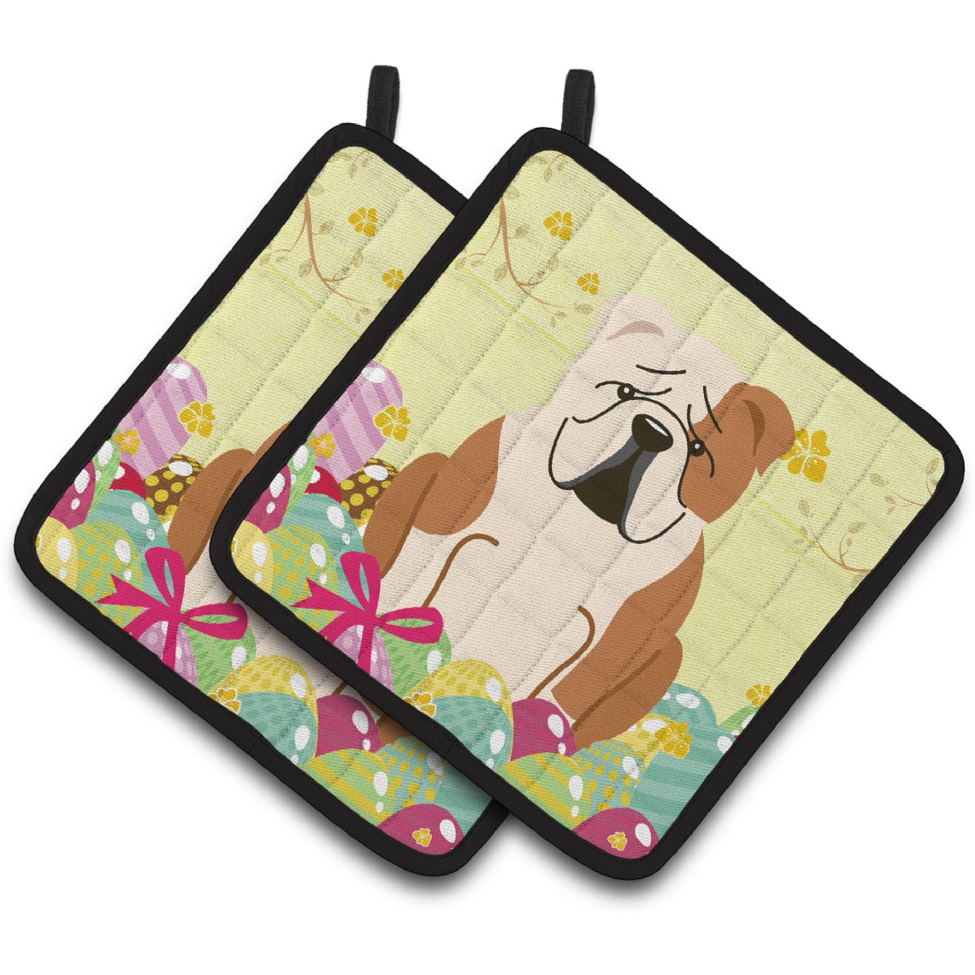 &quotCaroline's Treasures BB6125PTHD Easter English Bulldog Fawn Pair of Pot Holders, 7.5"" x 7.5"", Multicolor"