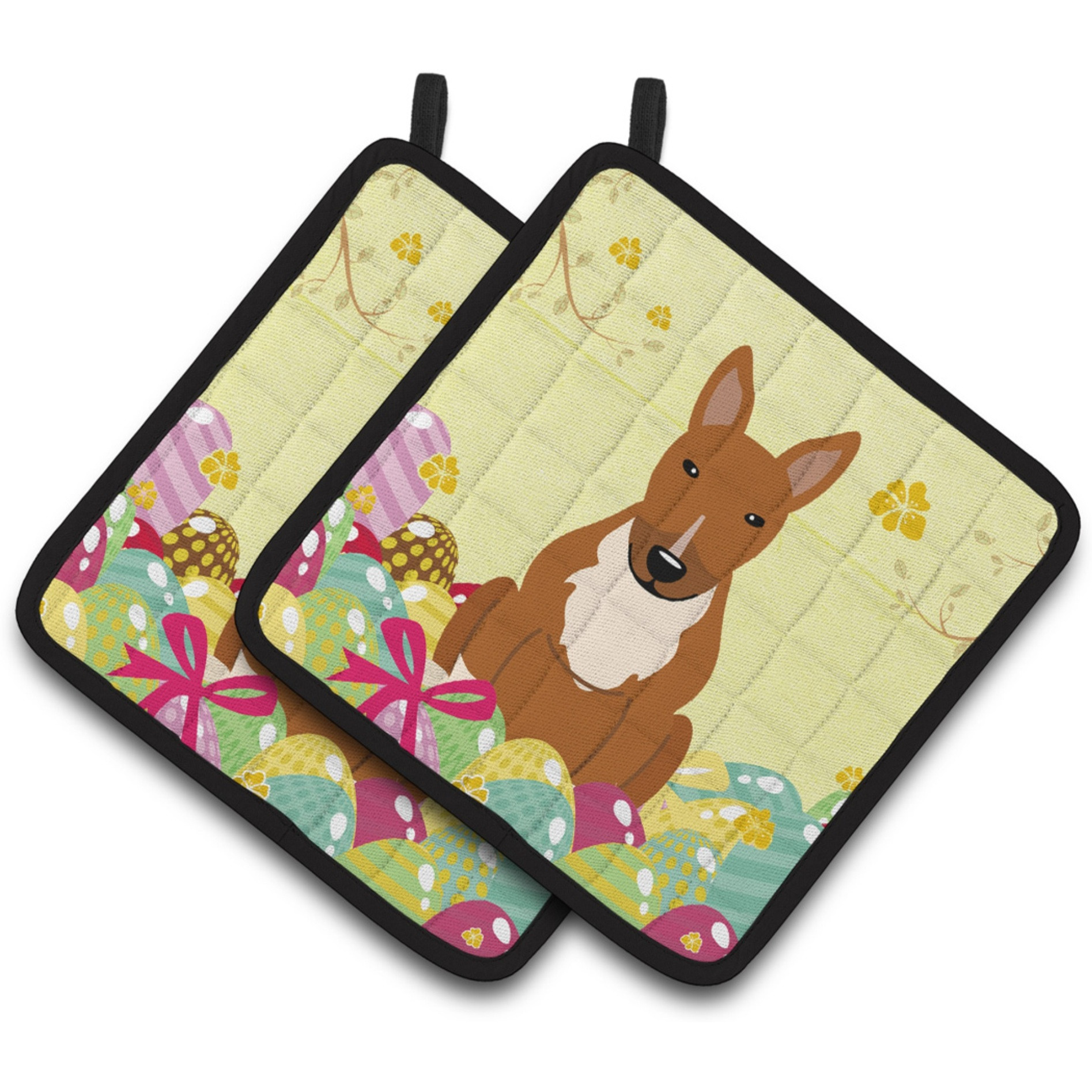 &quotCaroline's Treasures Easter Eggs Bull Terrier Red Pair of Pot Holders, 7.5HX7.5W, Multicolor"