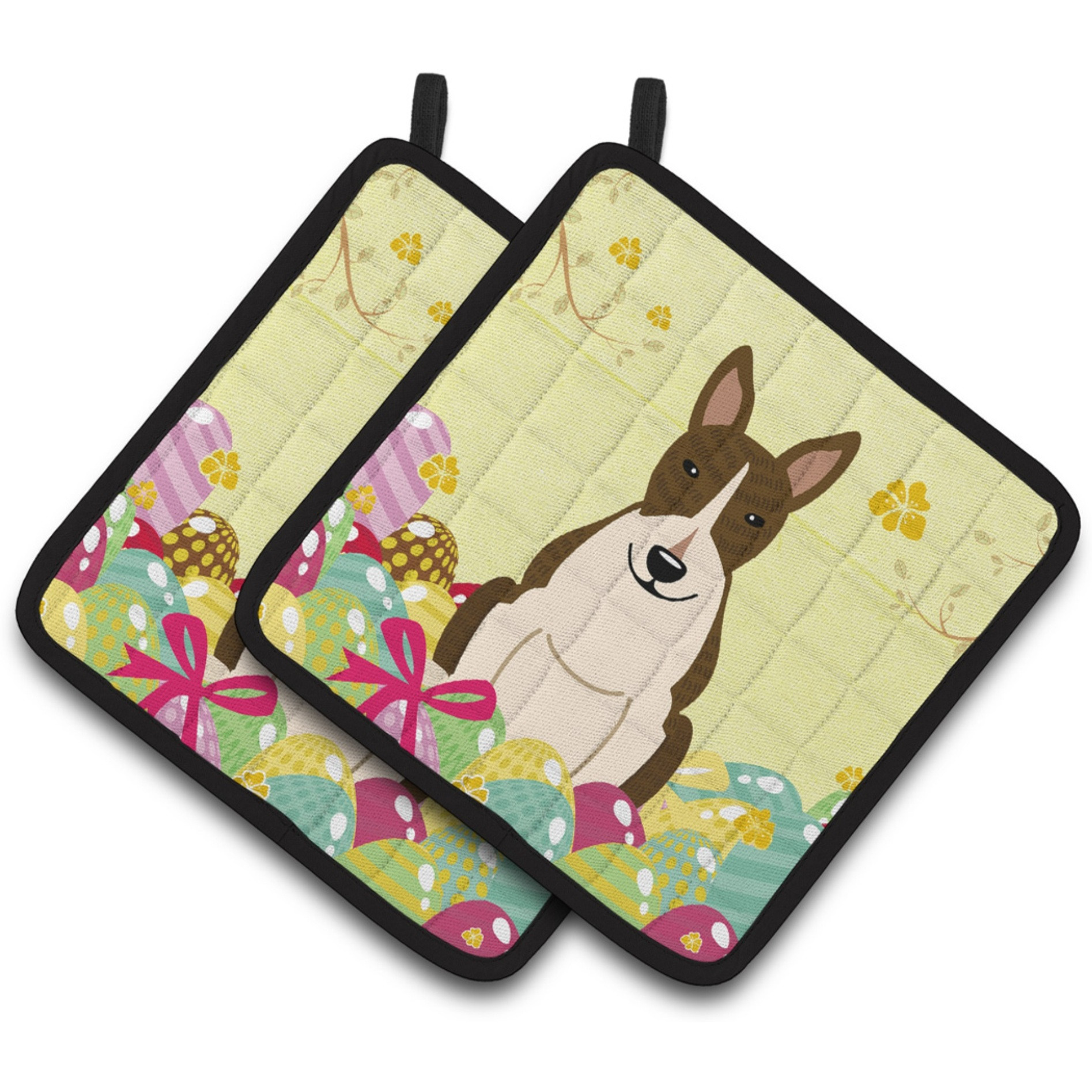 &quotCaroline's Treasures BB6136PTHD Easter Bull Terrier Brindle Pair of Pot Holders, 7.5"" x 7.5"", Multicolor"