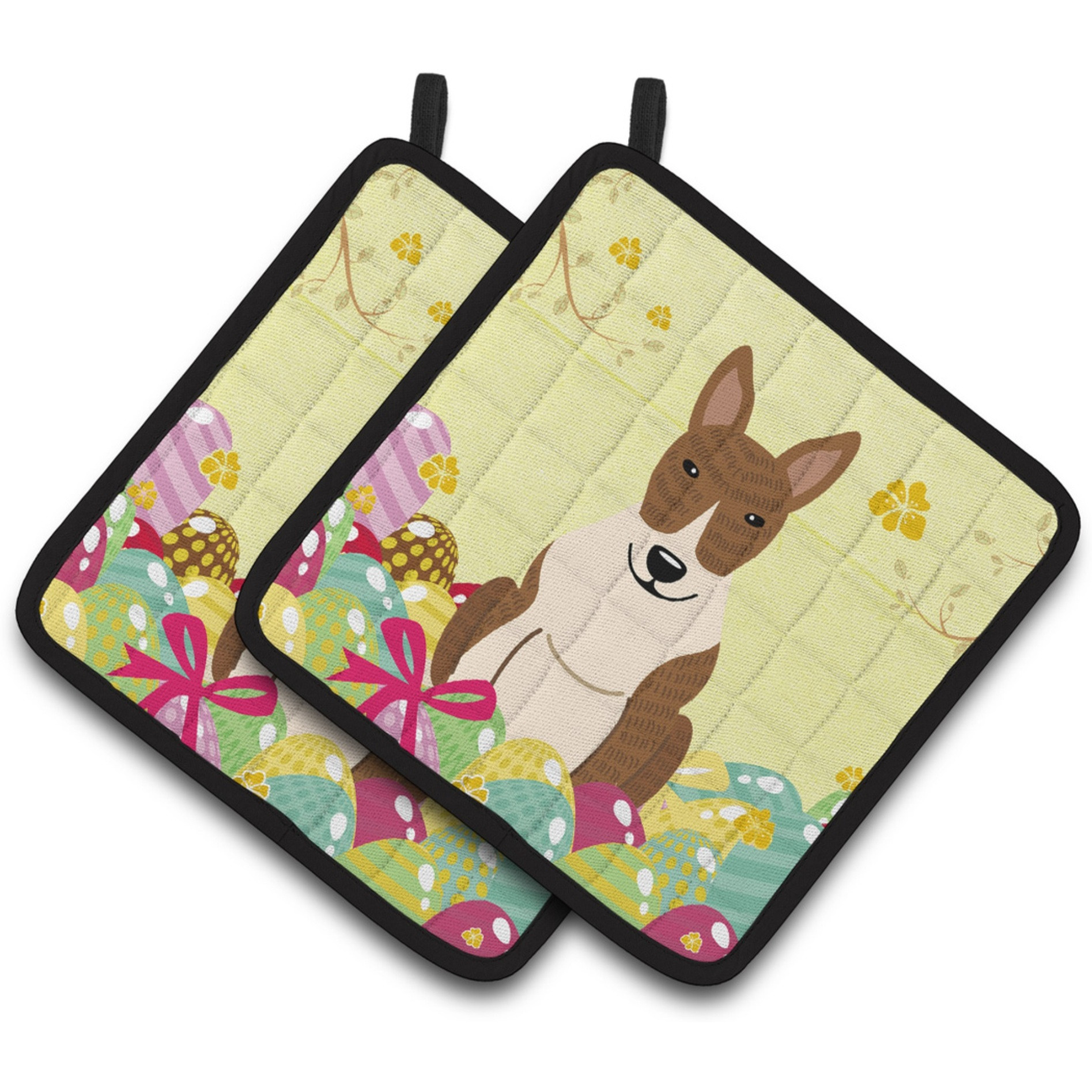 &quotCaroline's Treasures BB6137PTHD Easter Bull Terrier Brindle Pair of Pot Holders, 7.5"" x 7.5"", Multicolor"