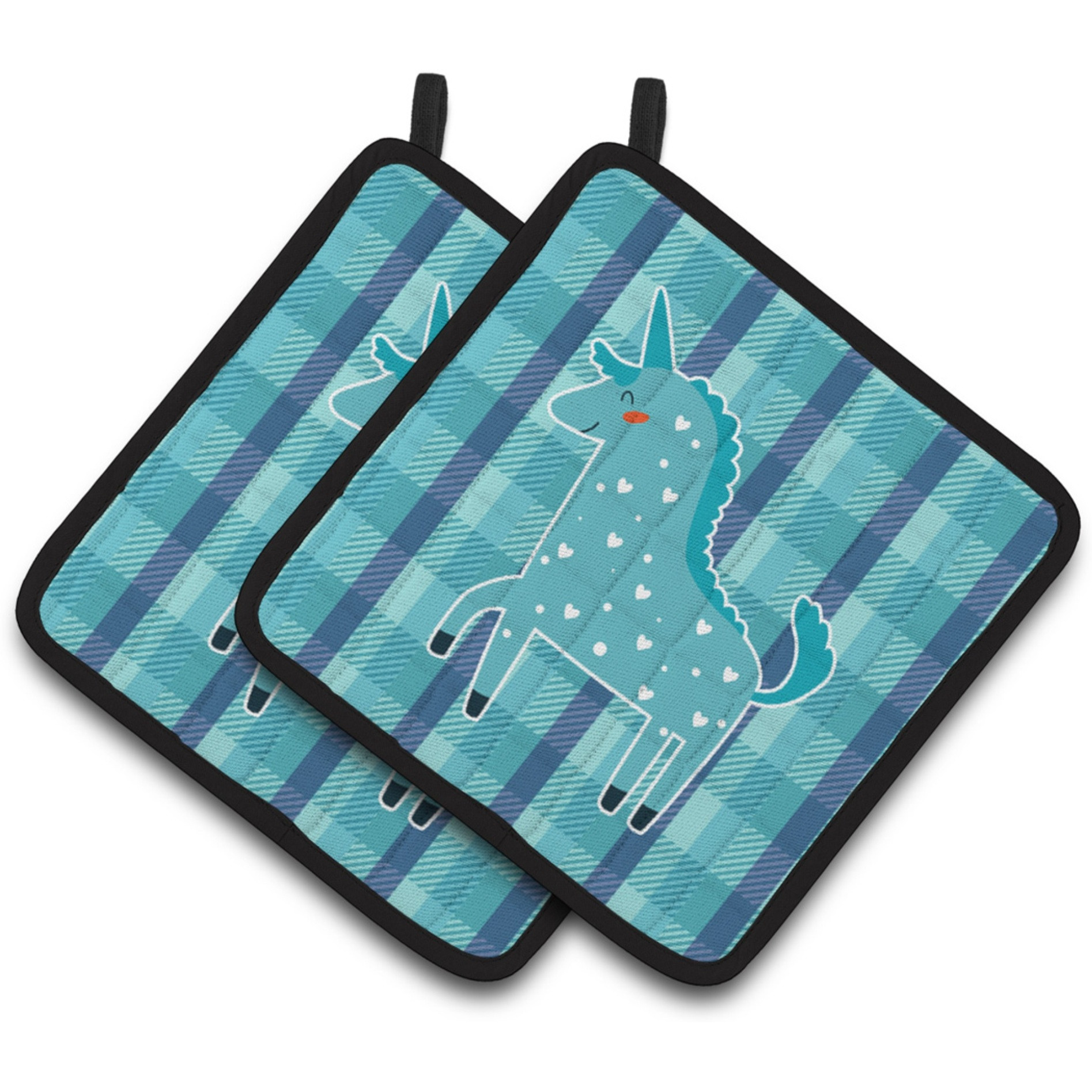 &quotCaroline's Treasures Unicorn in Plaid Pair of Pot Holders, 7.5 x 7.5, Multicolor"