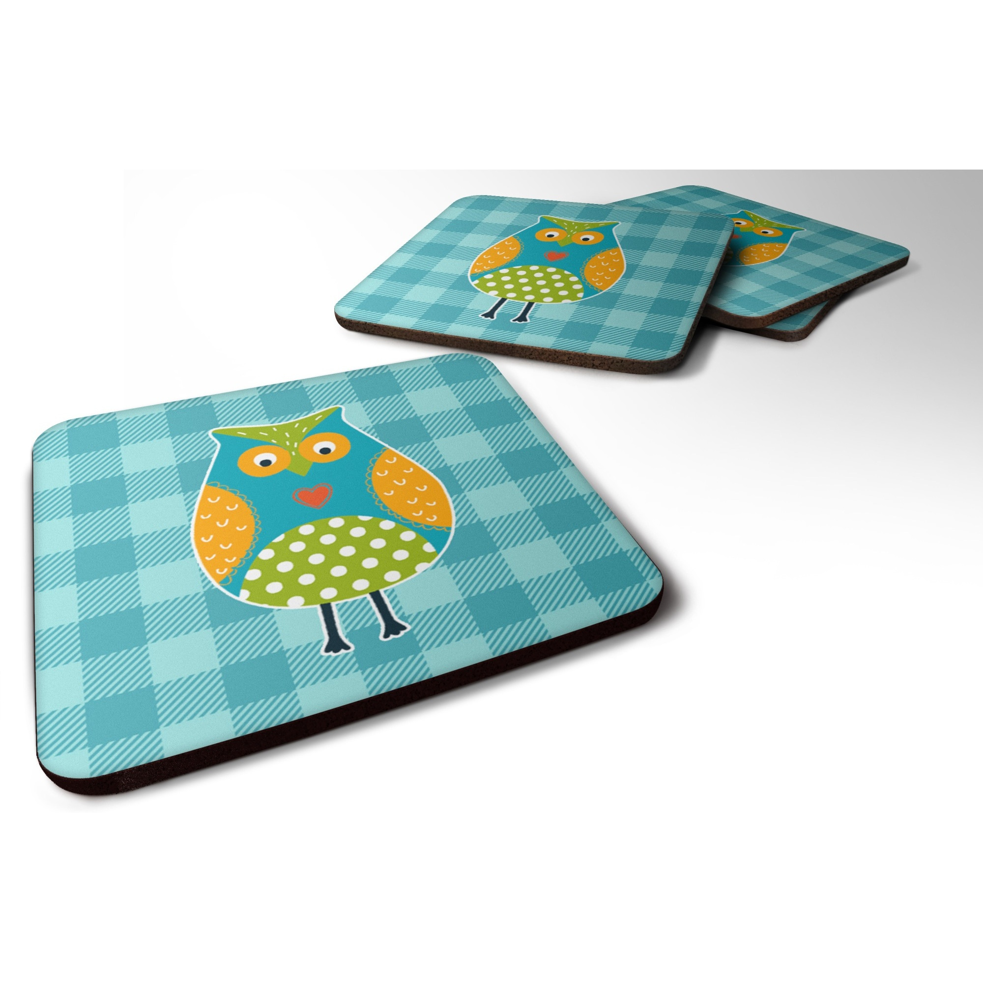 &quotCaroline's Treasures Owl On Blue Plaid Foam Coaster Set of 4, 3.5, Multicolor"