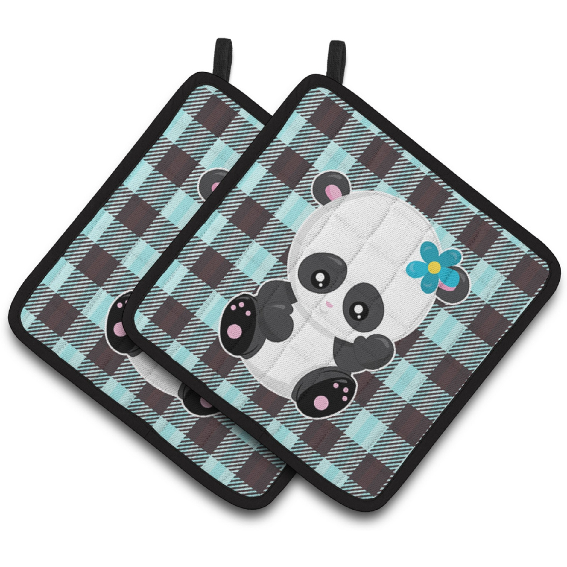 &quotCaroline's Treasures BB6800PTHD Panda on Plaid Pair of Pot Holders, 7.5 x 7.5"", Multicolor"