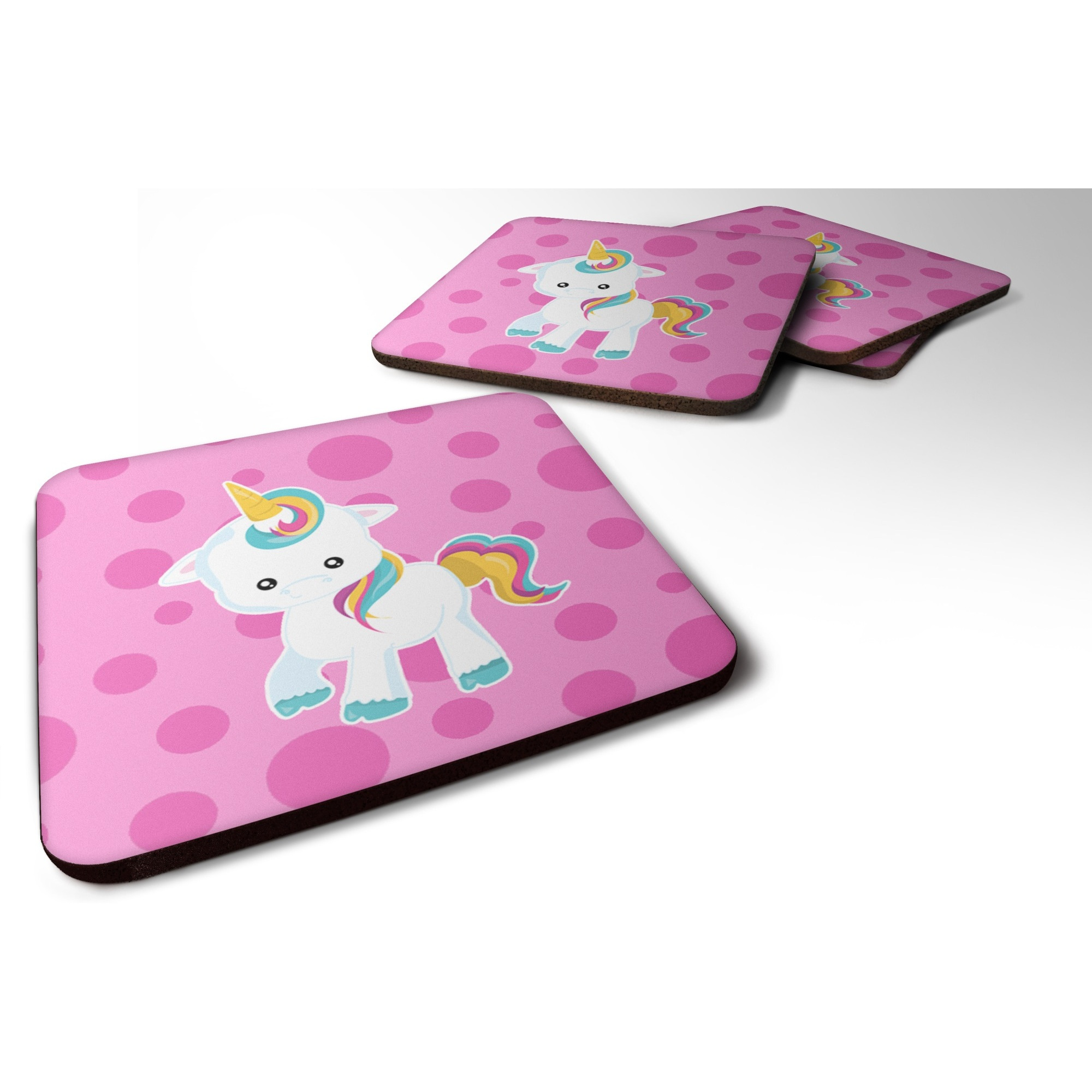 &quotCaroline's Treasures Pink Polkadot Unicorn Foam Coaster Set of 4, 3.5, Multicolor"
