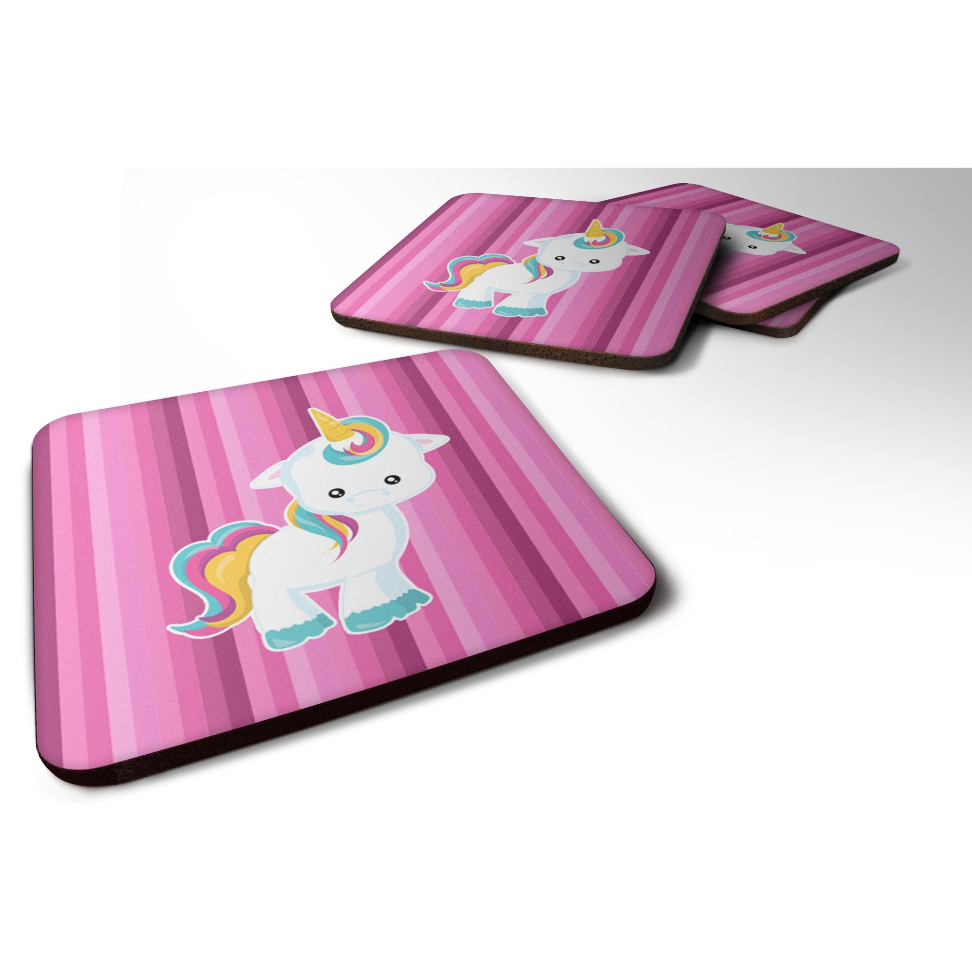 &quotCaroline's Treasures Pink Stripes Unicorn Foam Coaster Set of 4, 3.5, Multicolor"