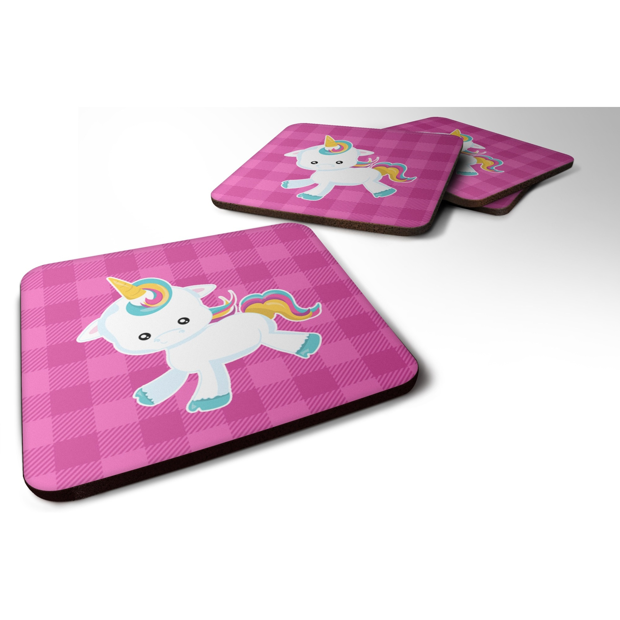 &quotCaroline's Treasures Pink Plaid Unicorn Foam Coaster Set of 4, 3.5, Multicolor"